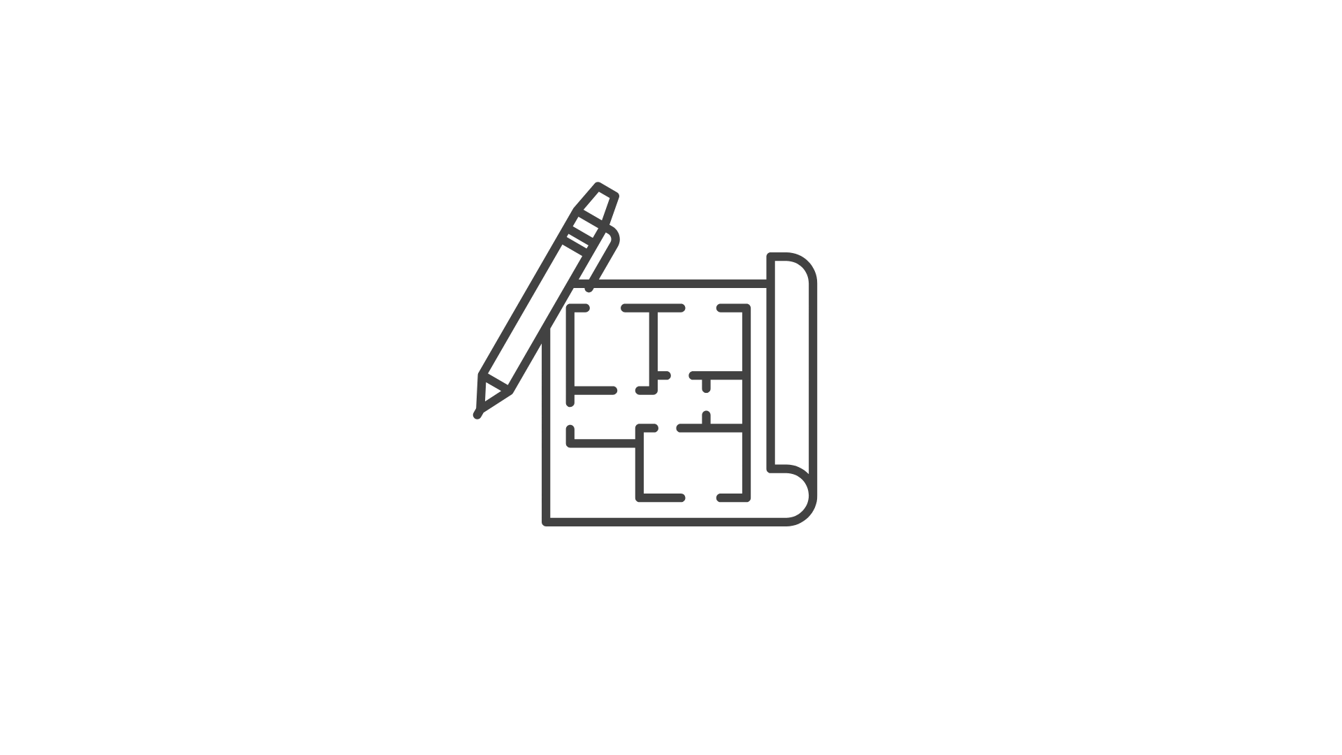 Outline of a blueprint, pencil, and ruler, symbolizing design or architecture.