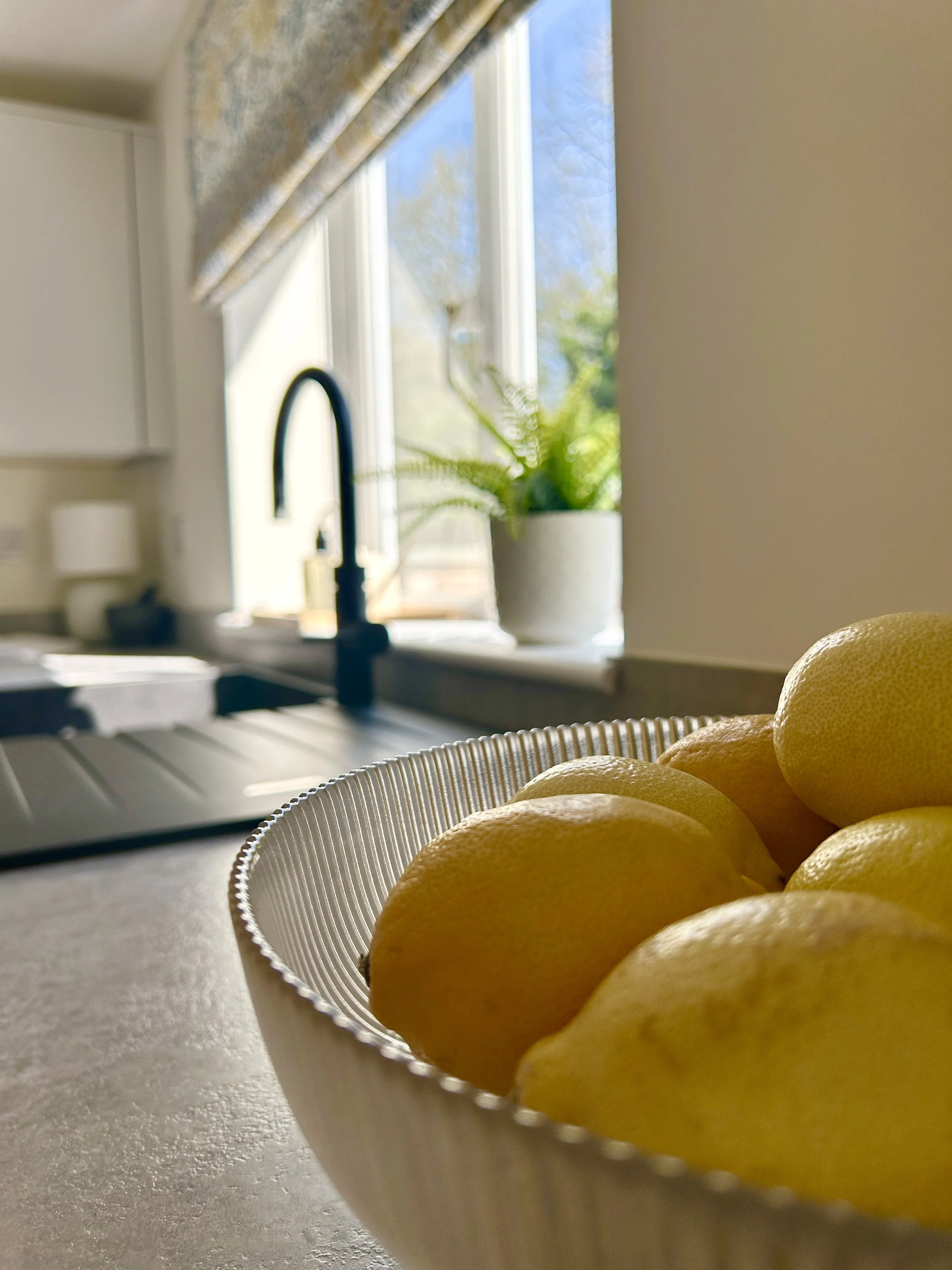 Close-up of a bowl of lemons on a kitchen countertop with a window and plant in the background.