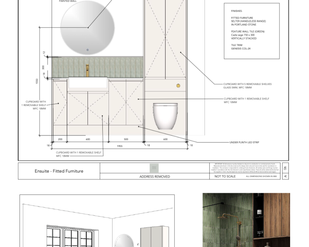 Design plans for an ensuite bathroom showing cabinetry, tiling, and fixtures, alongside a photograph of a green tiled shower with a wooden cabinet.