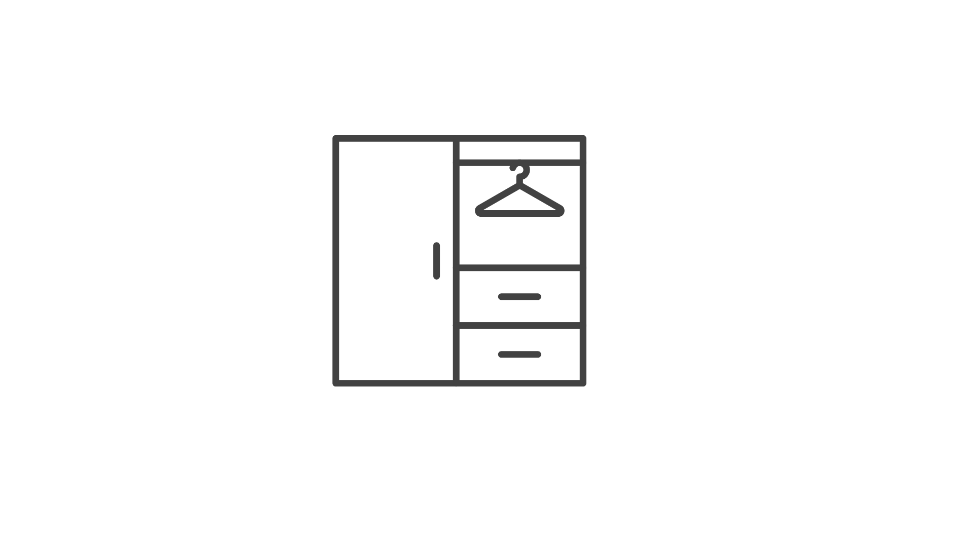 Outline of a wardrobe with a door, a hanging rod with a hanger, and drawers beneath.