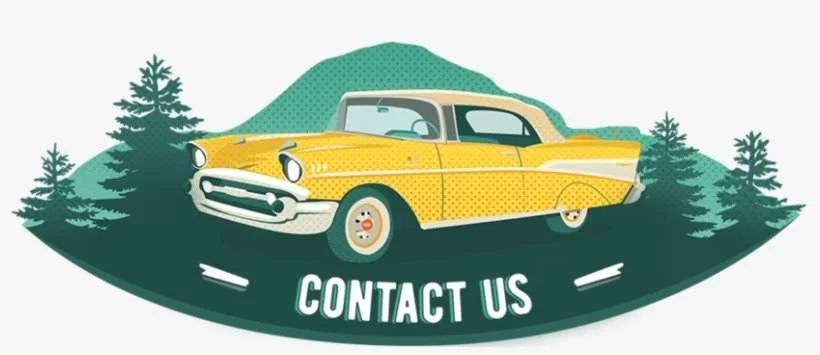 Vintage yellow car with a white roof surrounded by pine trees and mountains, with the text 'Contact Us' at the bottom.