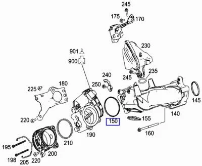 Diagram of mechanical parts from a Mercedes induction system primarily a throttle body