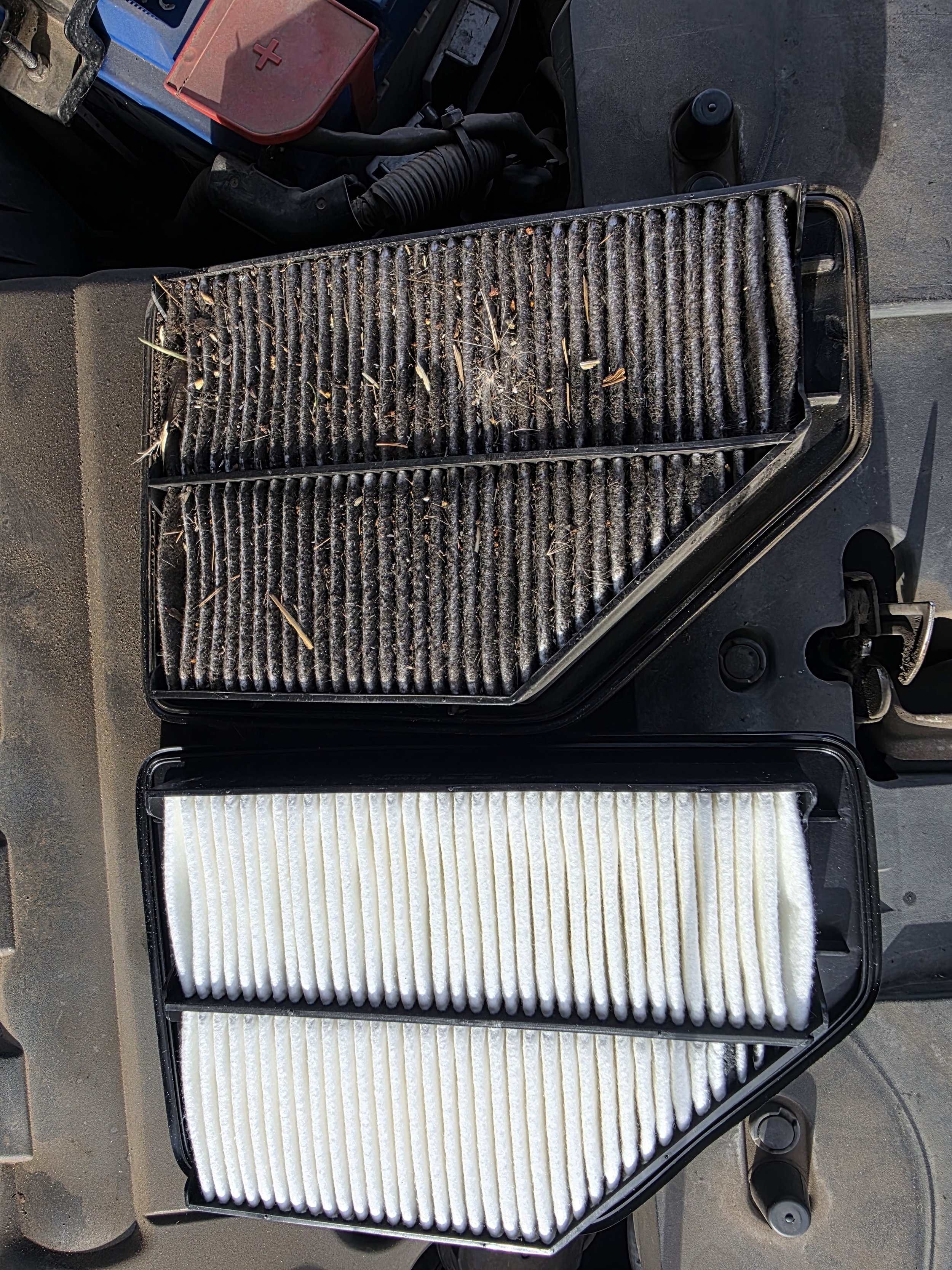Dirty and worn automotive cabin air filter with debris and leaves on it, placed inside a black plastic frame.