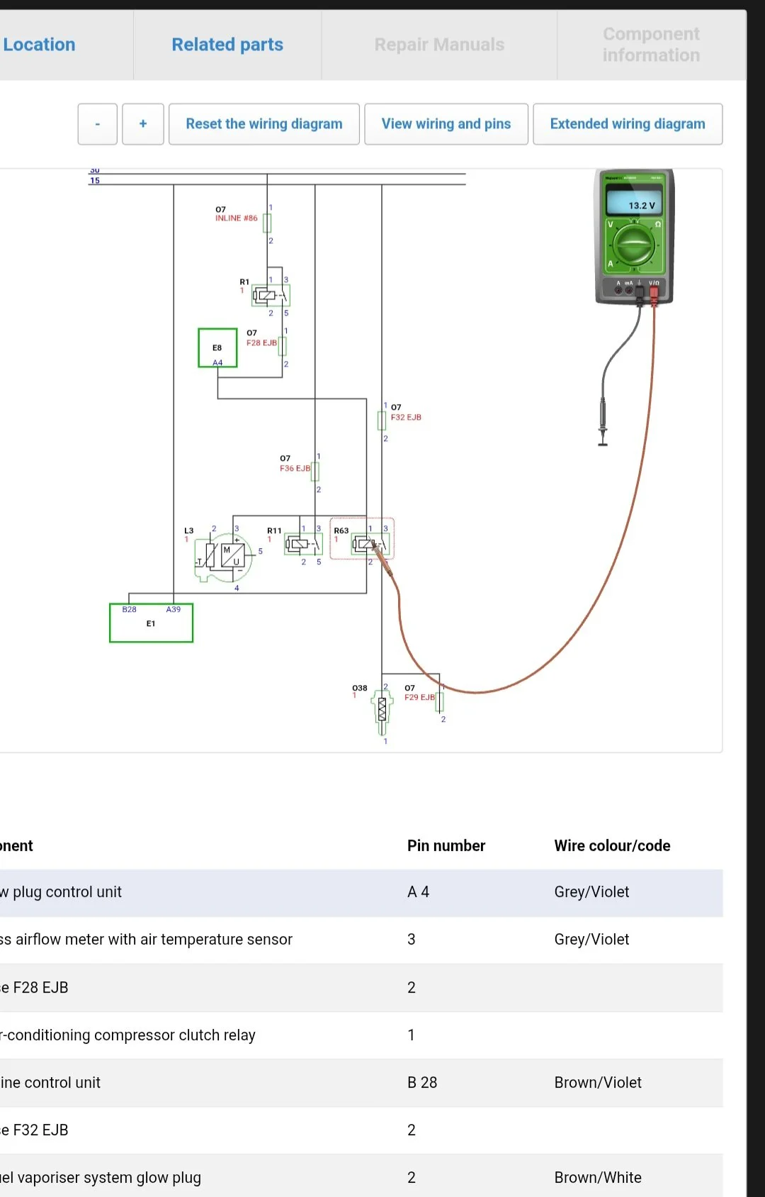 A wiring diagram for an air conditioning system with a digital multimeter measuring 13.2 volts.