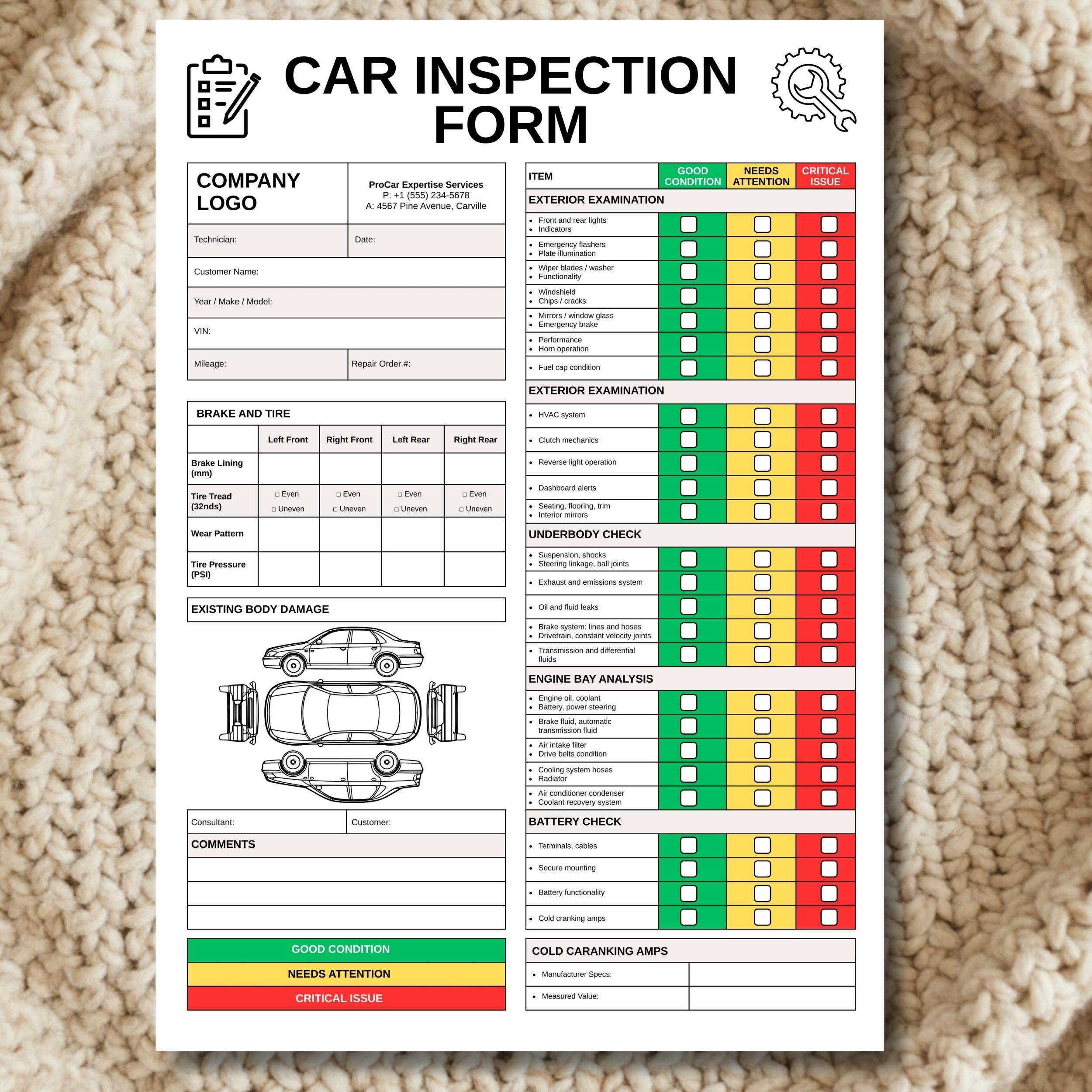Car inspection report form with checkboxes and diagrams of a car, placed on a textured beige surface.