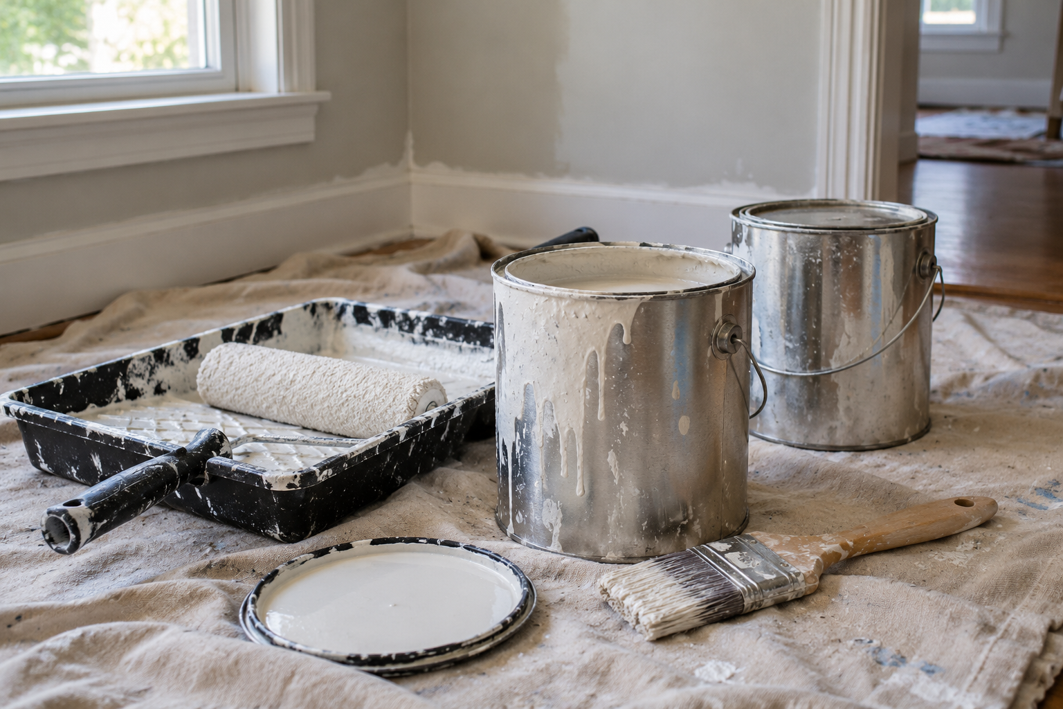 Paint cans, a roller and brush on a canvas drop cloth in a sunlit room