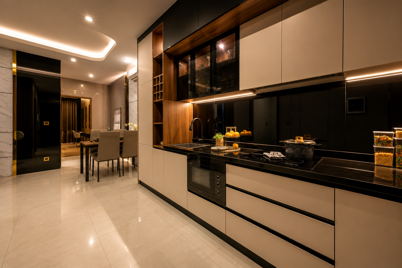 Modern luxury kitchen with black countertops, beige cabinets, warm LED lighting, built-in appliances, and adjacent dining area