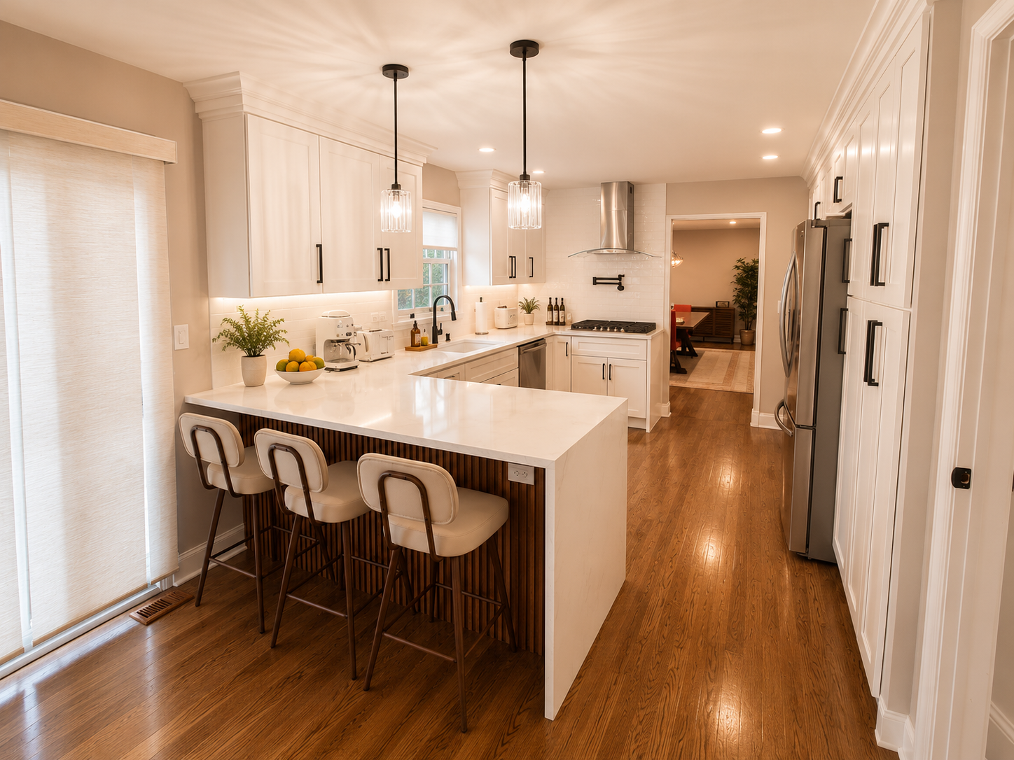 Bright modern white kitchen with a quartz island, three barstools, pendant lights, stainless steel appliances, and hardwood floors
