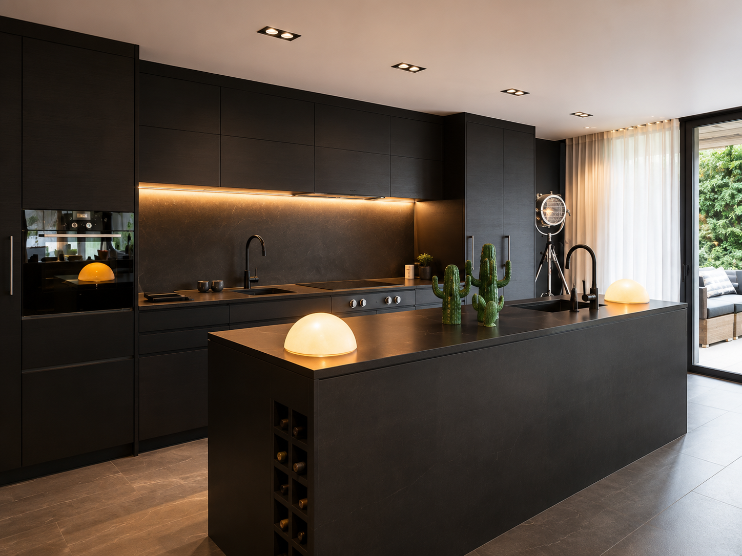 Modern black kitchen with a large island, cactus decor, pendant lamps, and floor-to-ceiling windows
