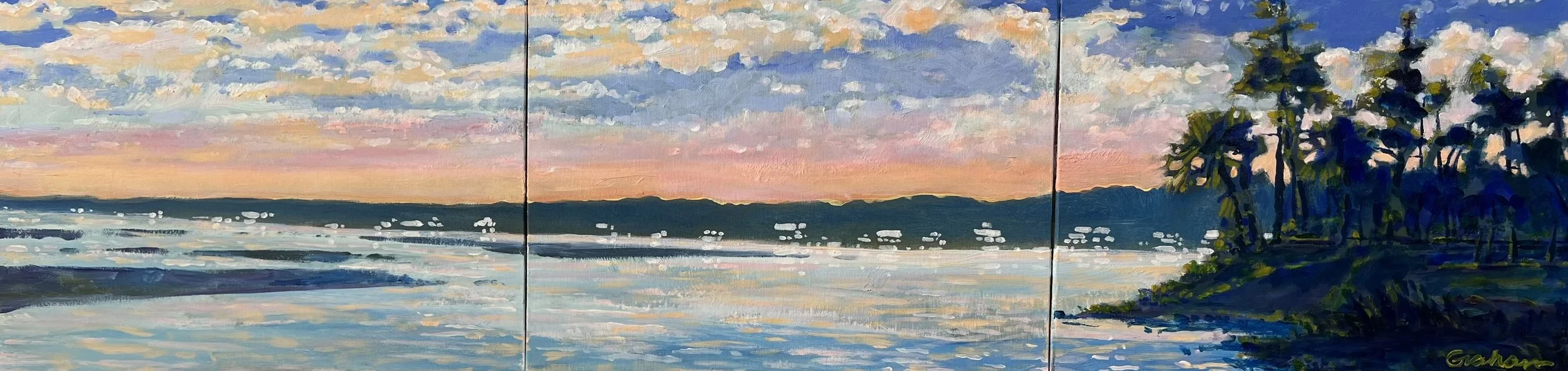 "Evening on the River"
Triptych (3, 12"x10") 36"x10"
oil on canvas panels