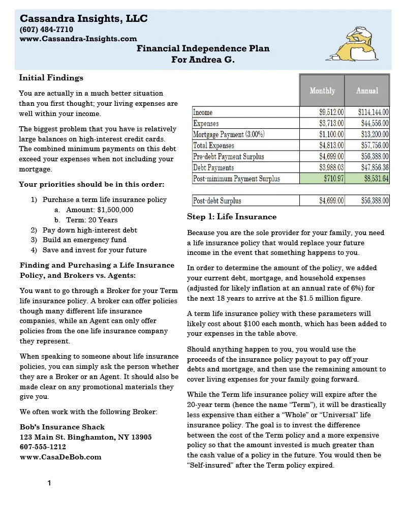 Sample Financial Independence Plan - Page 1