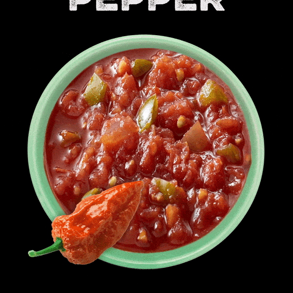 A bowl of chunky salsa with diced tomatoes, green peppers, and onions, garnished with a whole red chili pepper, against a black background.