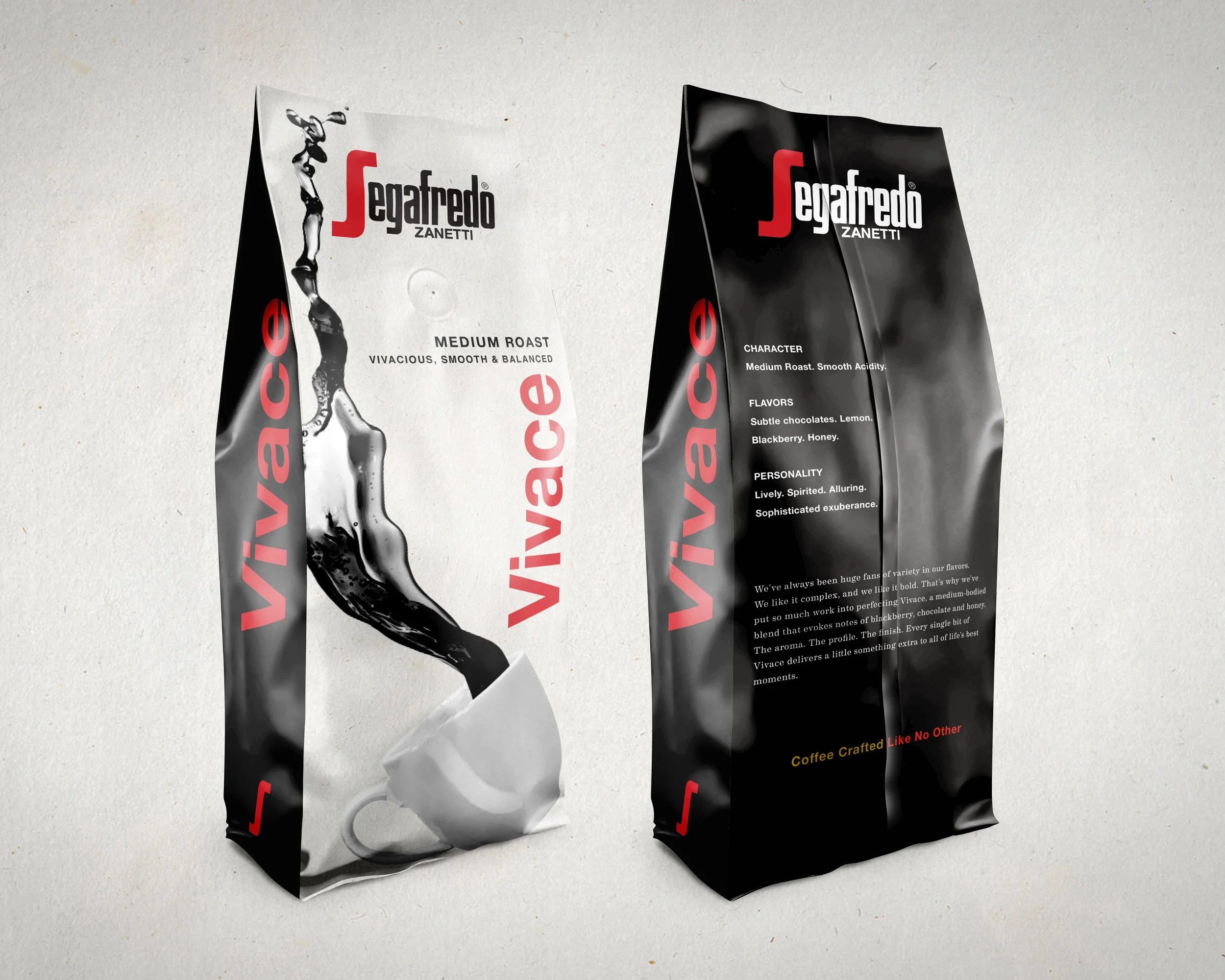 Two black and white coffee packaging bags with red and white text, placed on a light surface. The left bag features a splash of liquid and the text 'VIVACIOUS, SMOOTH & BALANCED', indicating medium roast coffee, and the right bag highlights flavor notes of subtle chocolates, lemon, blackberry, and honey.