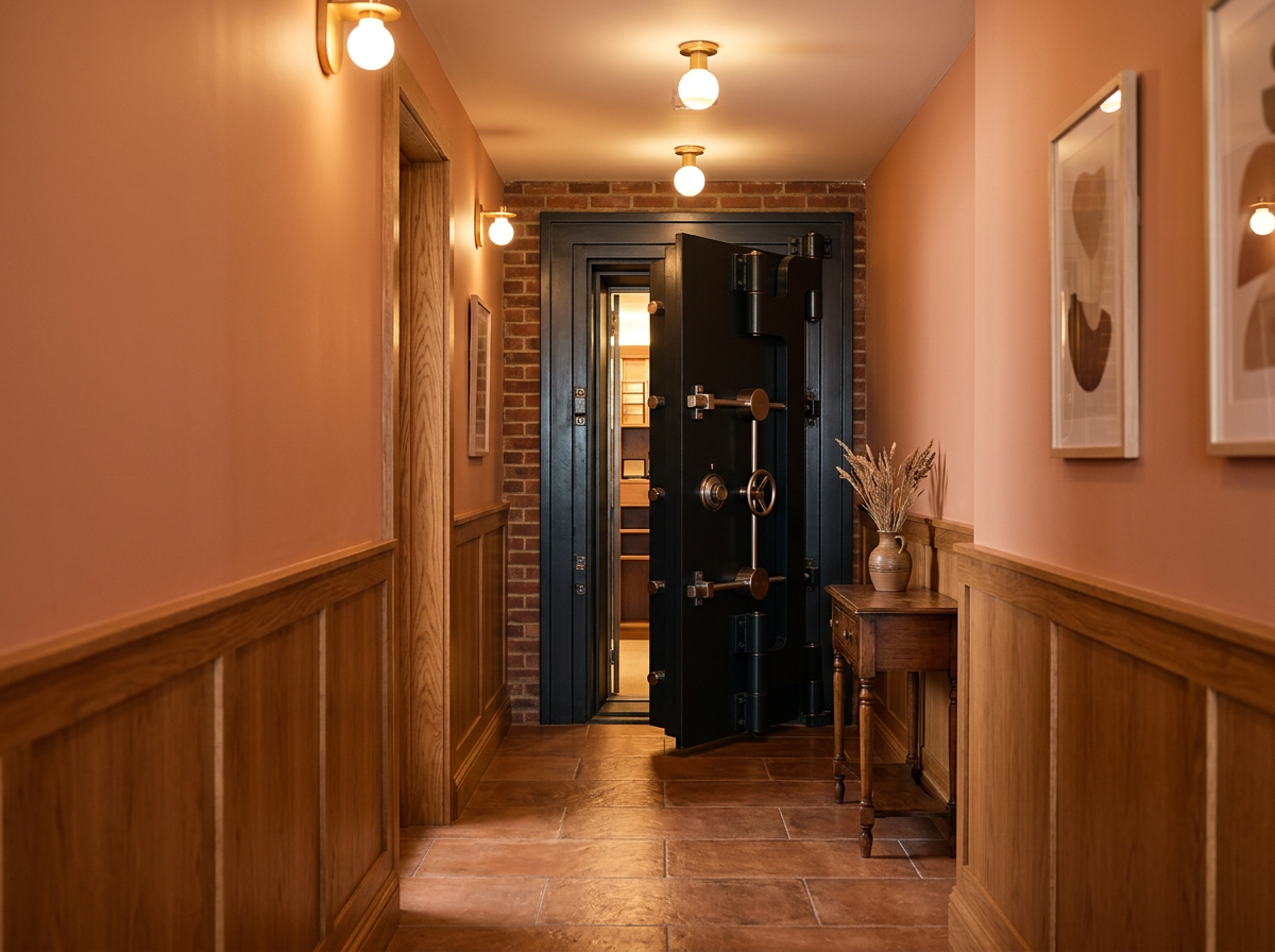 Hallway with pink walls, wooden paneling, framed artwork, a small wooden table with a vase of dried flowers, and an open black safe door at the end of the hall which creates curiosity for what a collector may see or what they are possibly acquiring.