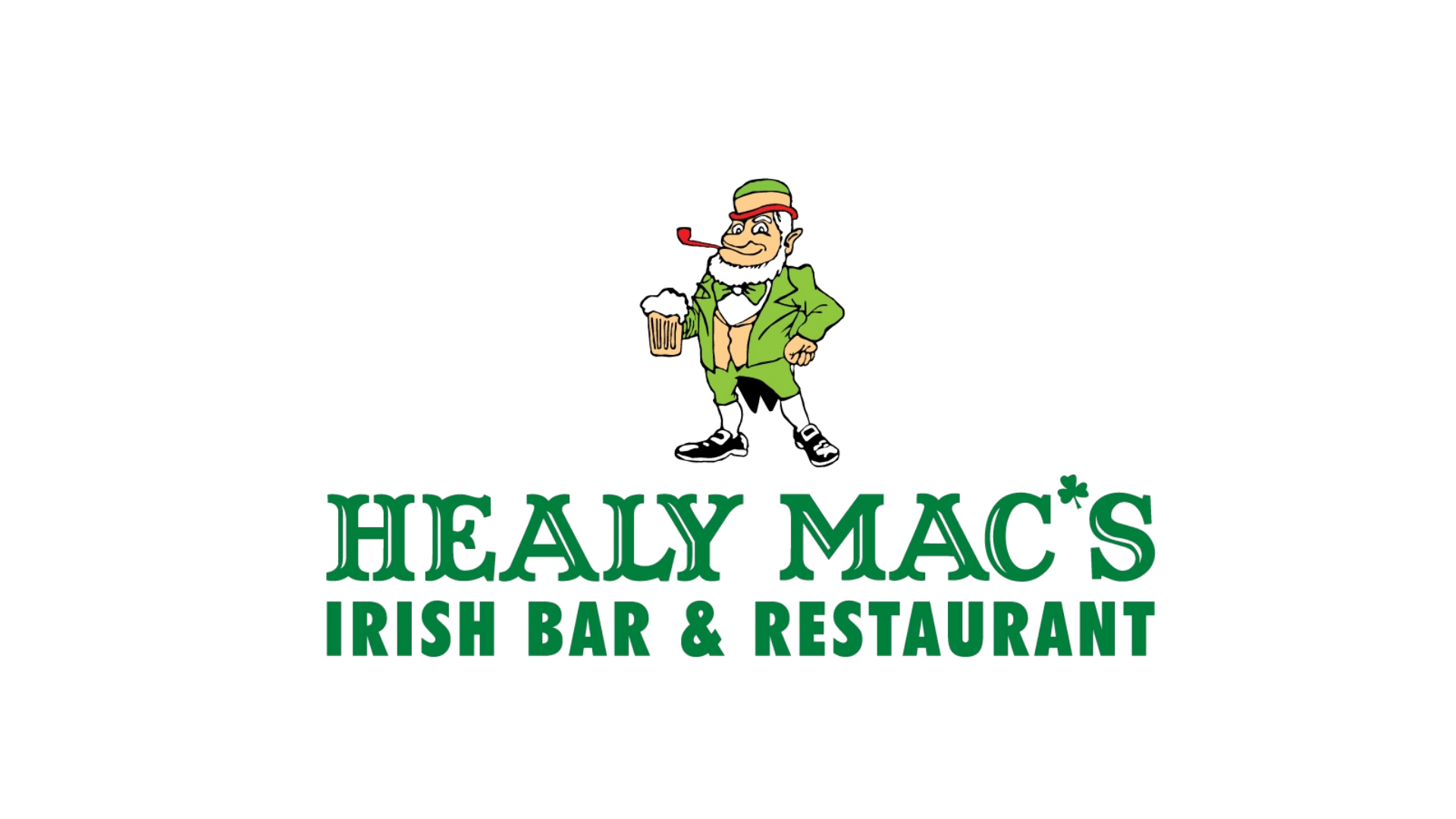 Logo for Healy Mac's Irish Bar and Restaurant featuring a cartoon leprechaun with a pipe, holding a mug, and the restaurant's name in green text.