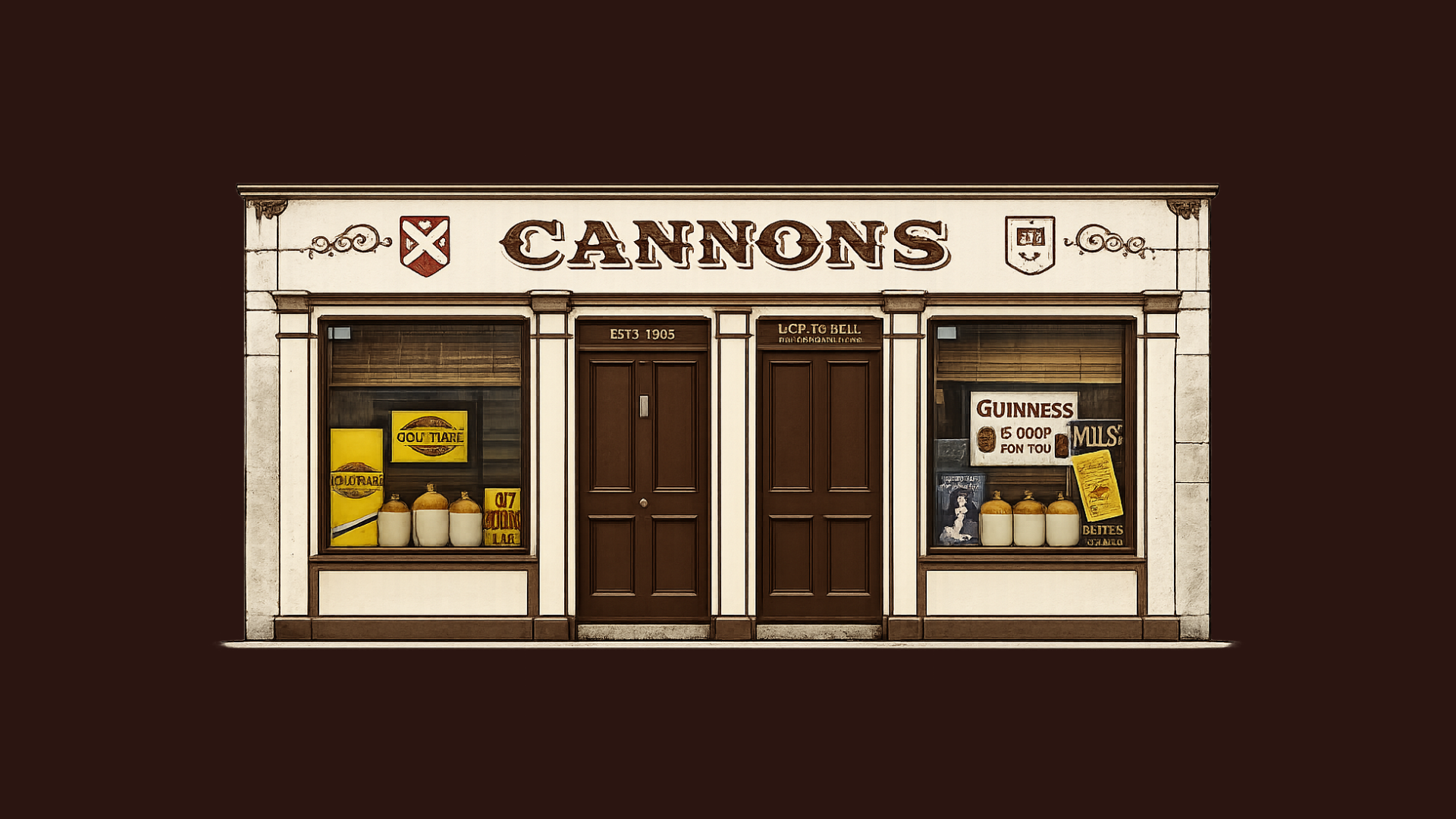 Front of a traditional pub called 'CANNONS' with wooden doors and windows displaying vintage advertisements and beer-related items.