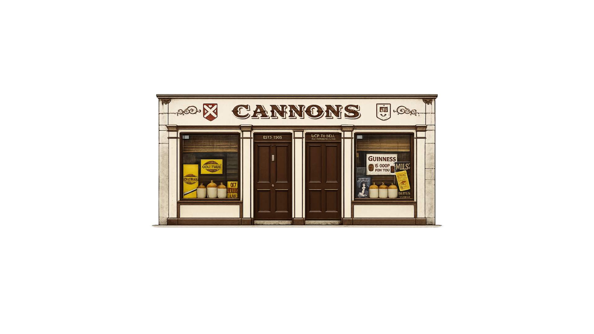 A storefront with the sign 'CANNONS' and vintage-style decor, containing display windows with pottery and signs advertising Guinness and other products.