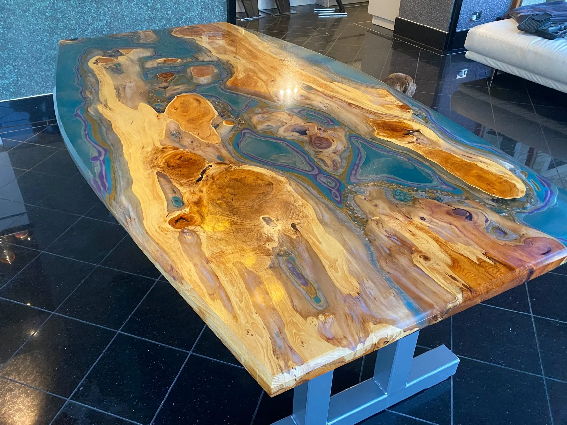 Geode effect epoxy resin and yew dining table with steel chrome legs