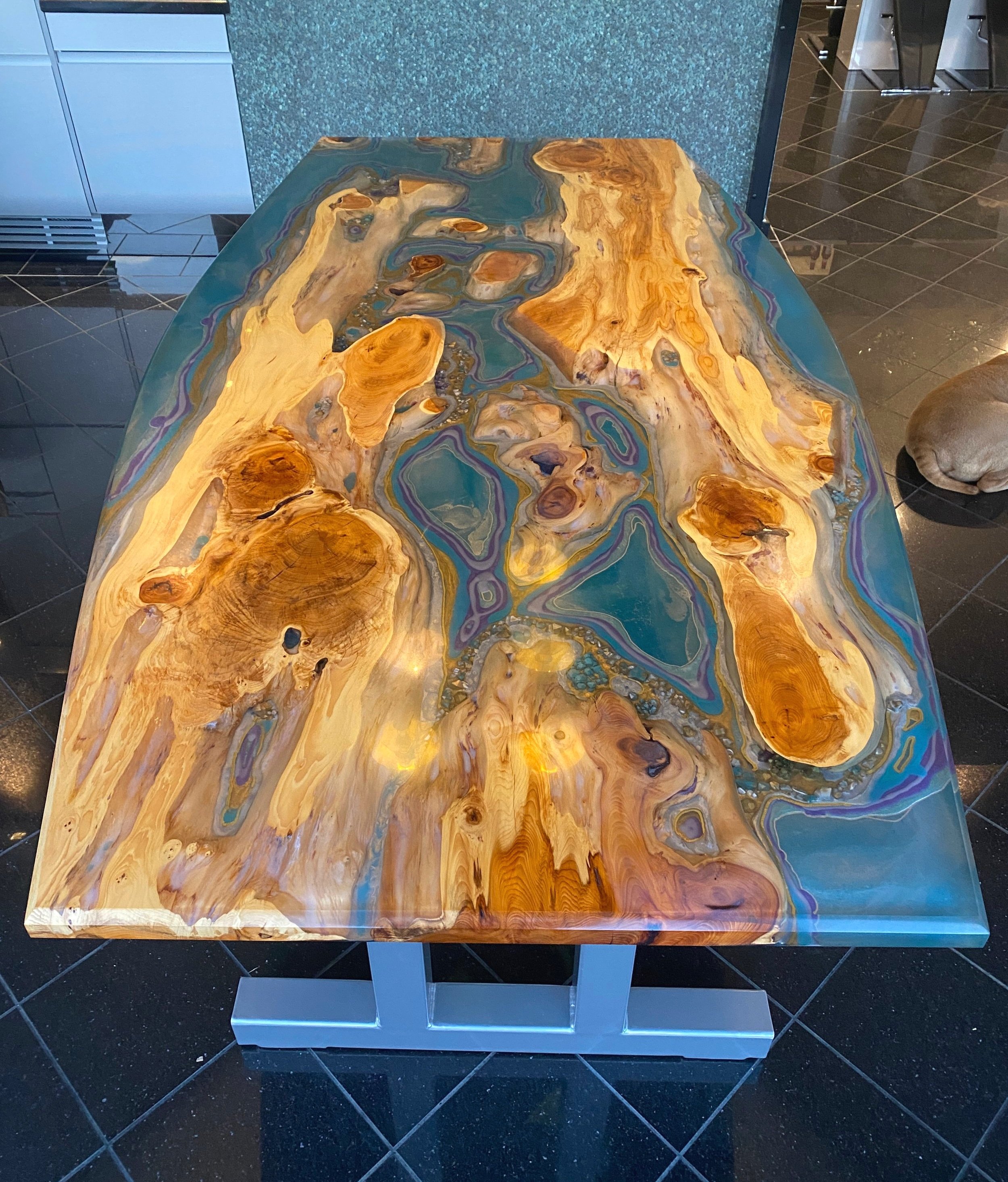 Geode effect epoxy resin and yew dining table with steel chrome legs and beveled edge