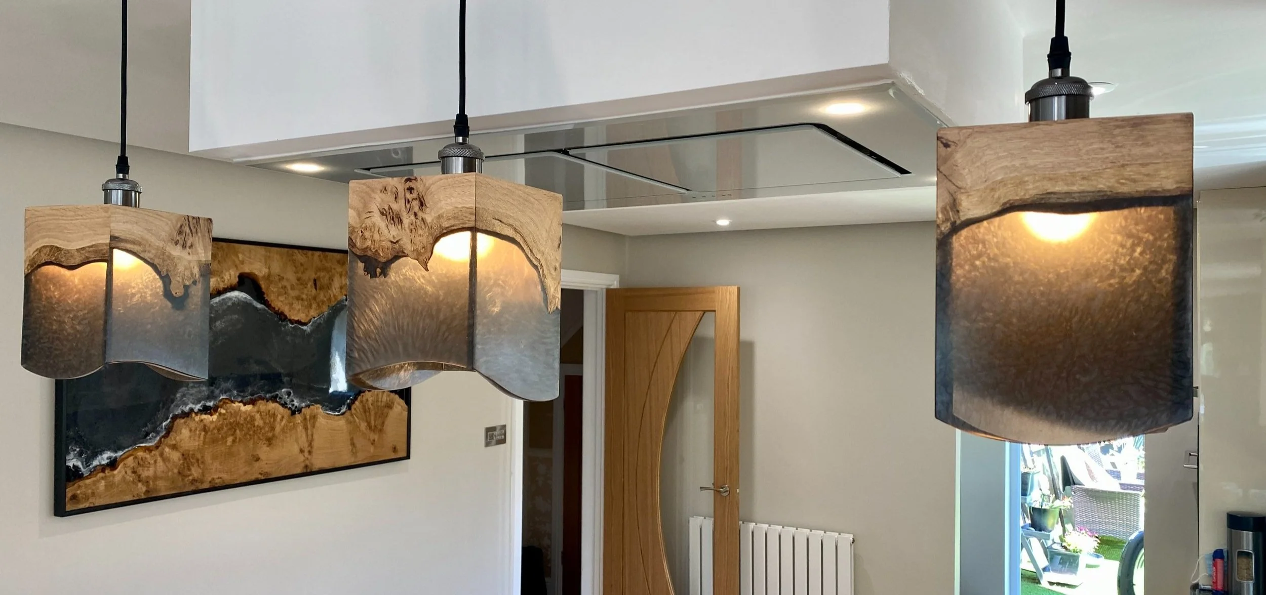 Epoxy resin and oak pendant lamps