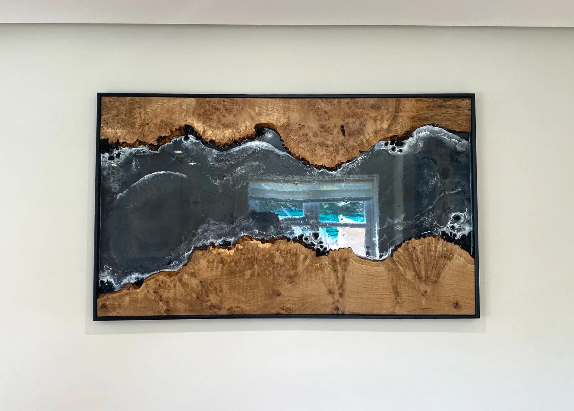 Epoxy resin and oak ocean themed wall art black and silver