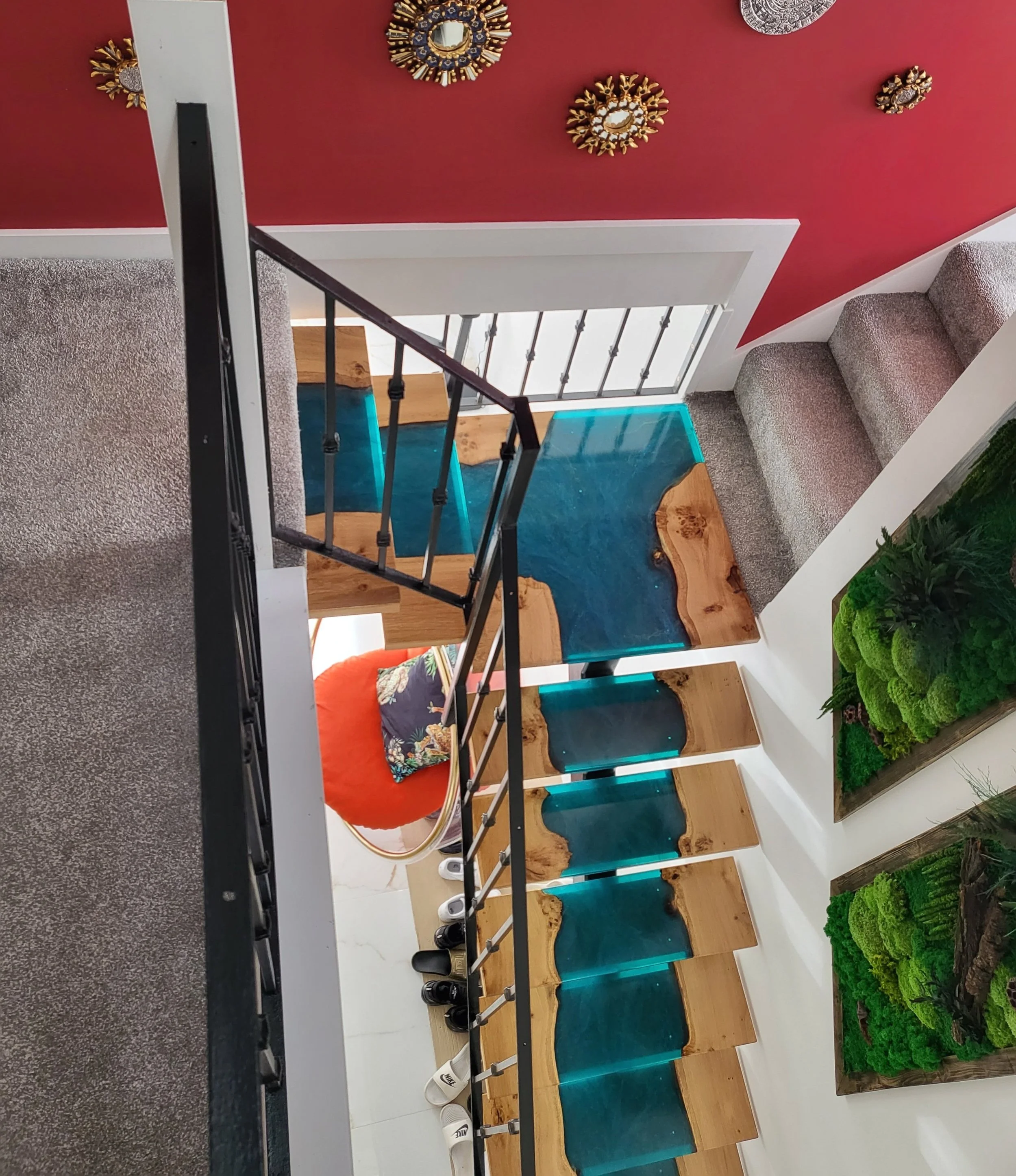 epoxy resin river stairs, floating staircase with oak and resin stair treads in turquoise river effect