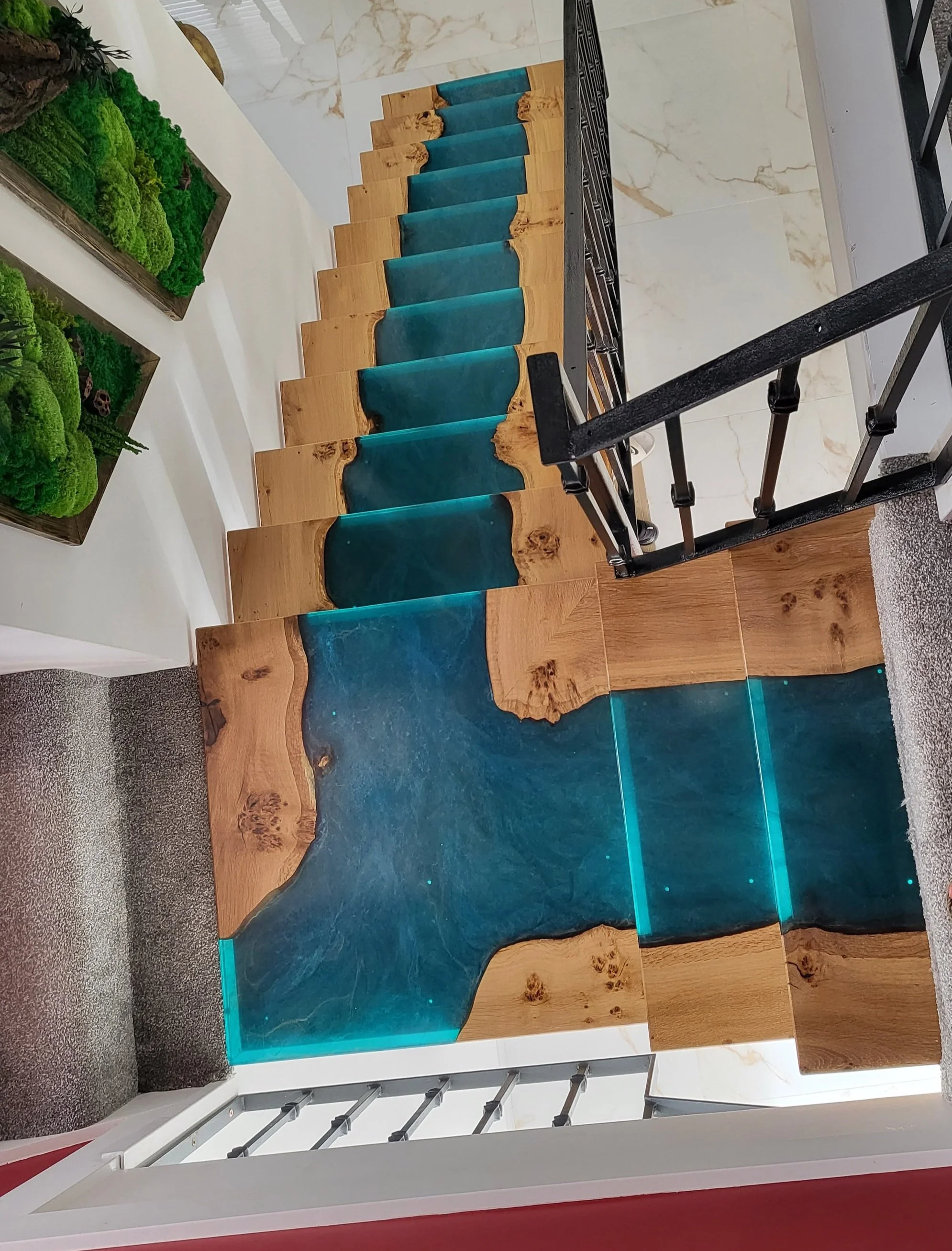 top down view of epoxy resin river effect stairs