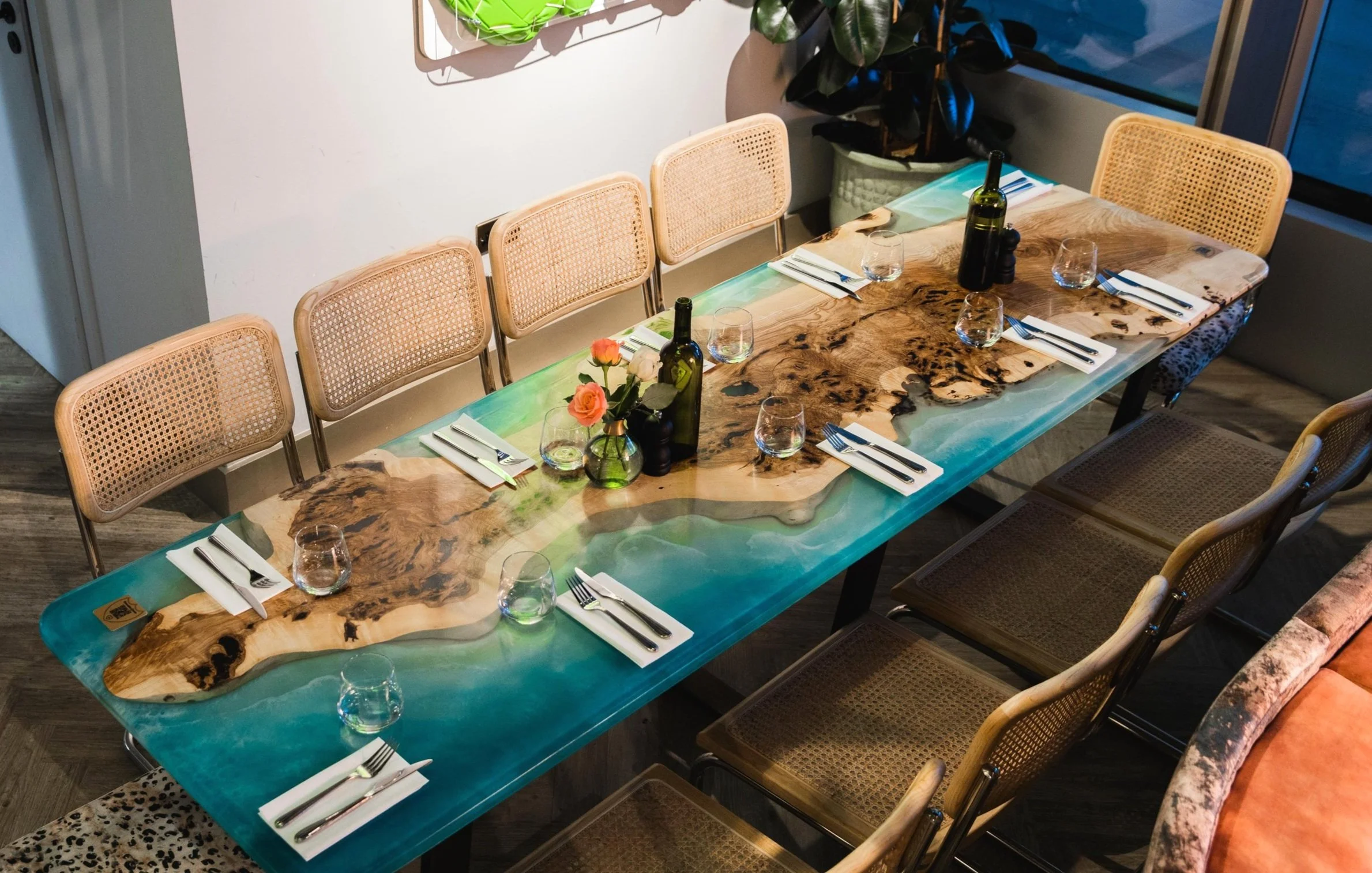 Ocean themed restaurant dining table epoxy resin river table