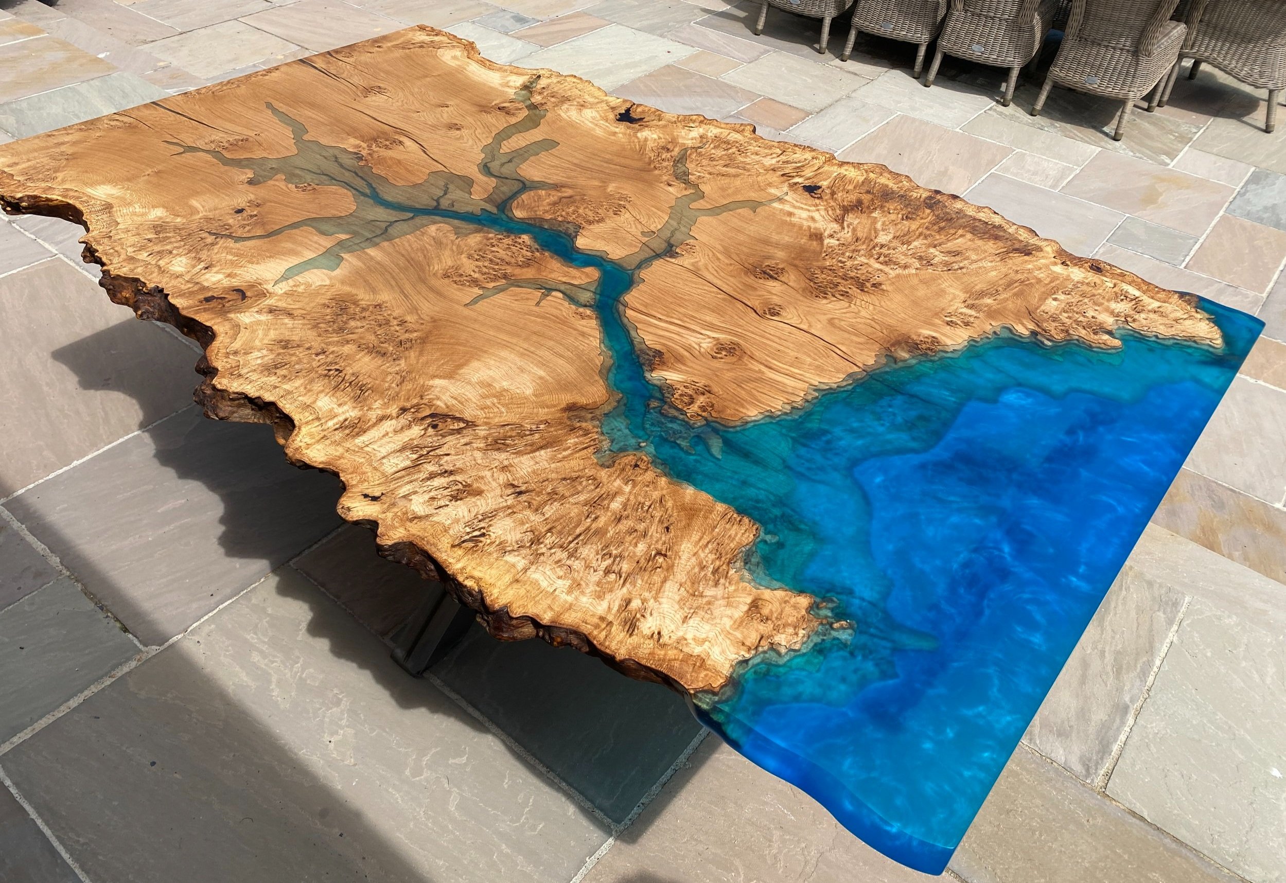 Salcombe estuary dining table with epoxy resin and burr oak