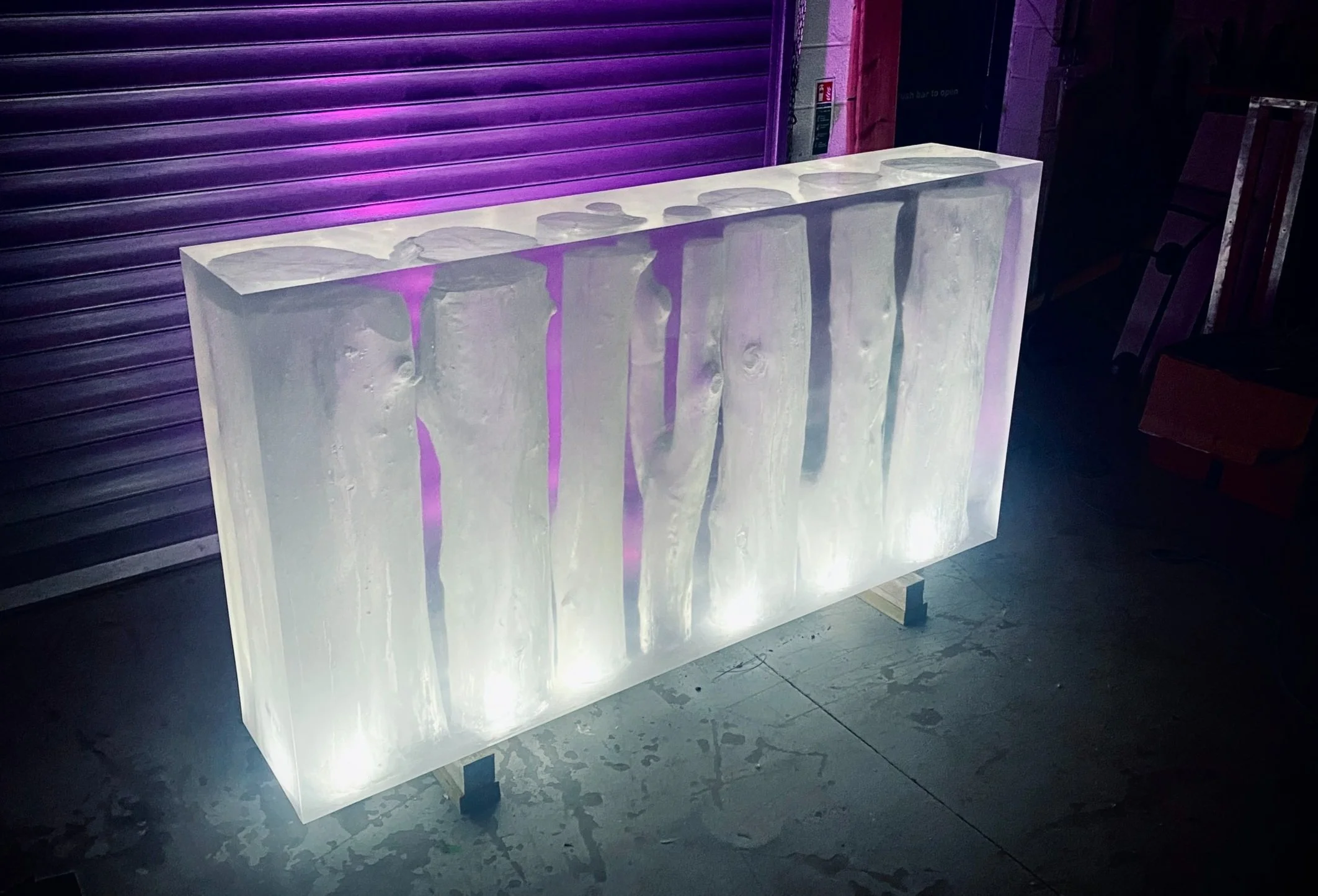Clear epoxy resin solid block with tree section hollows and lighting