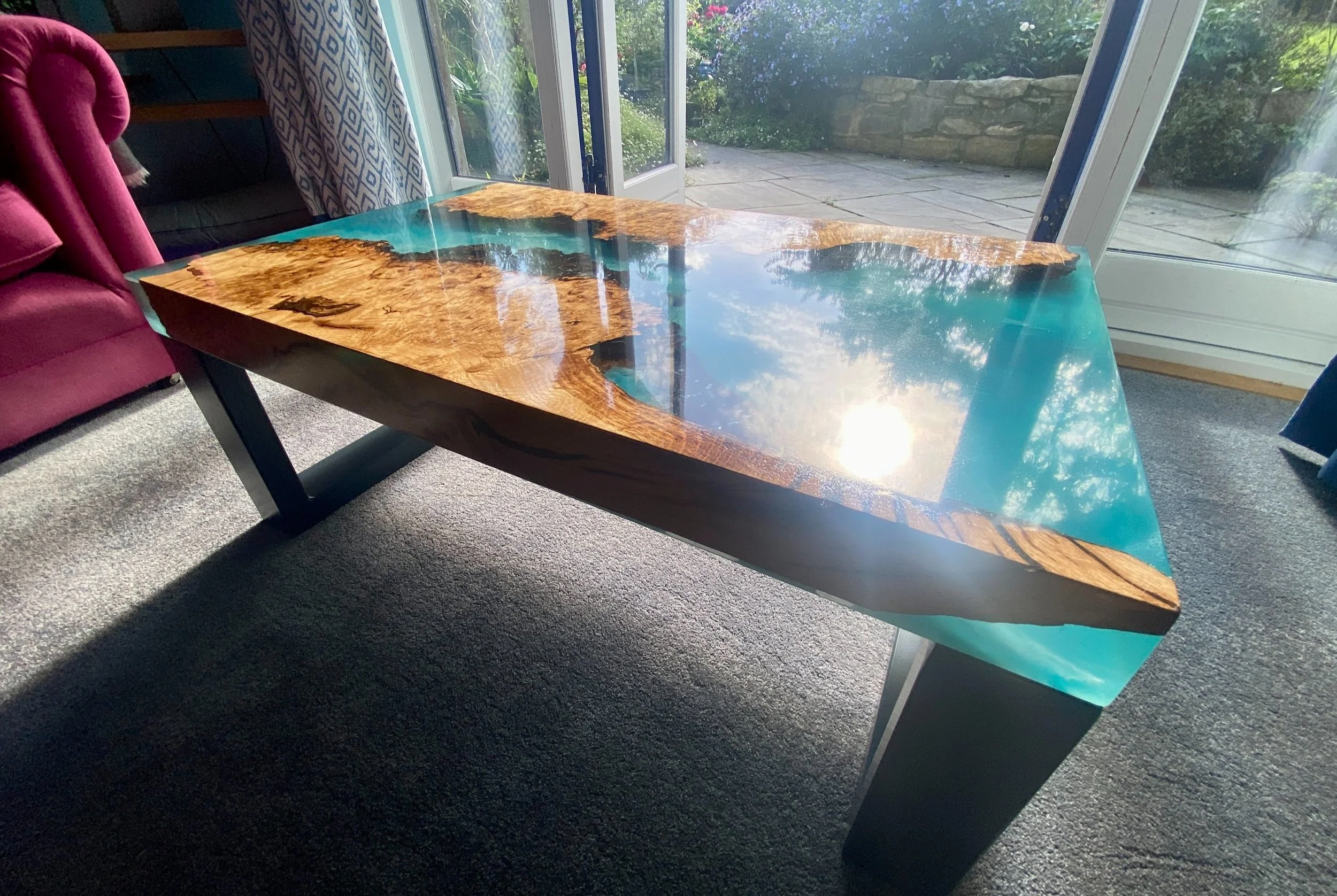Deep Cast Oak Burl and Epoxy Resin Ocean Effect Coffee Table