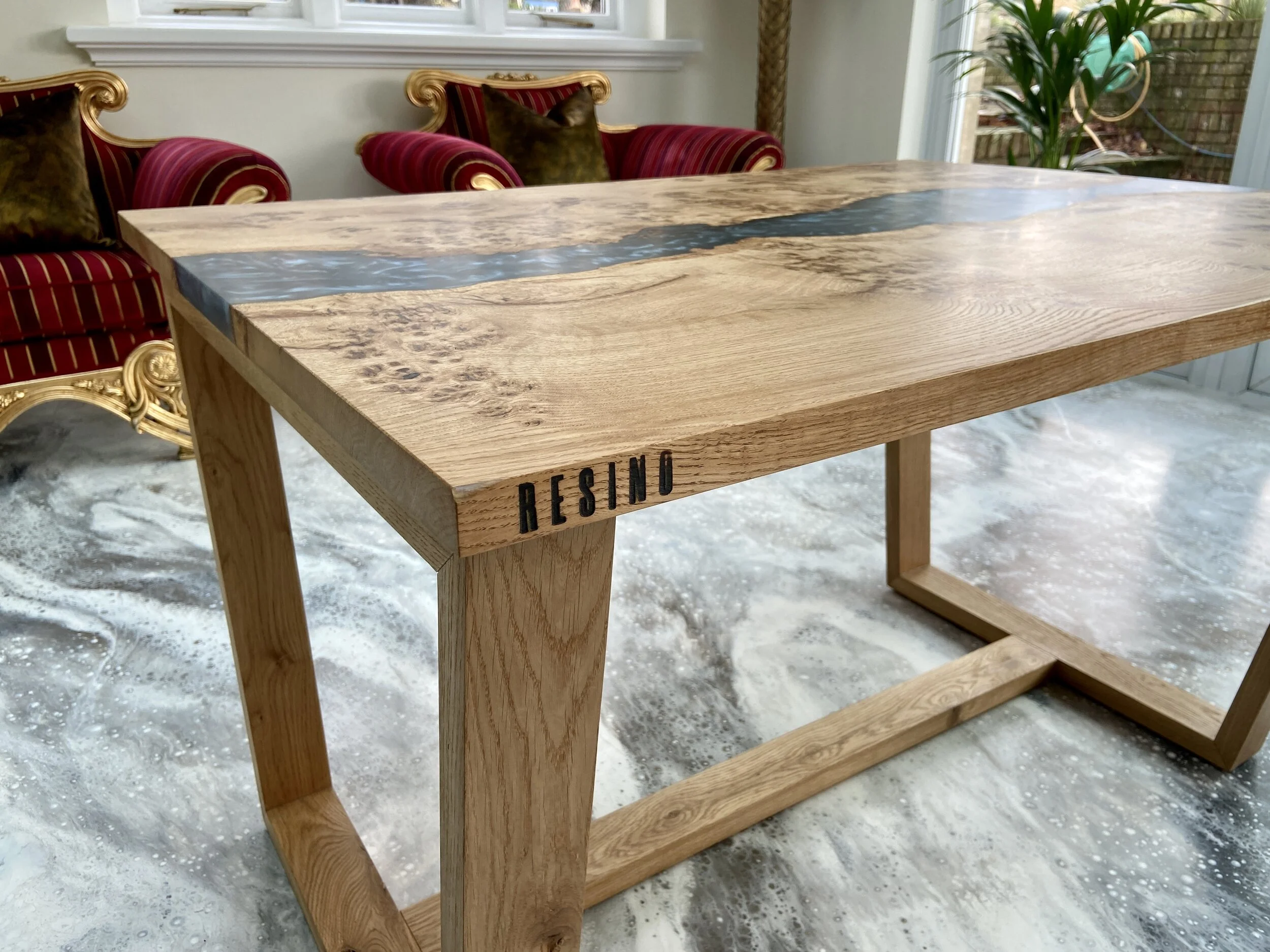 dining table on angle with branded logo