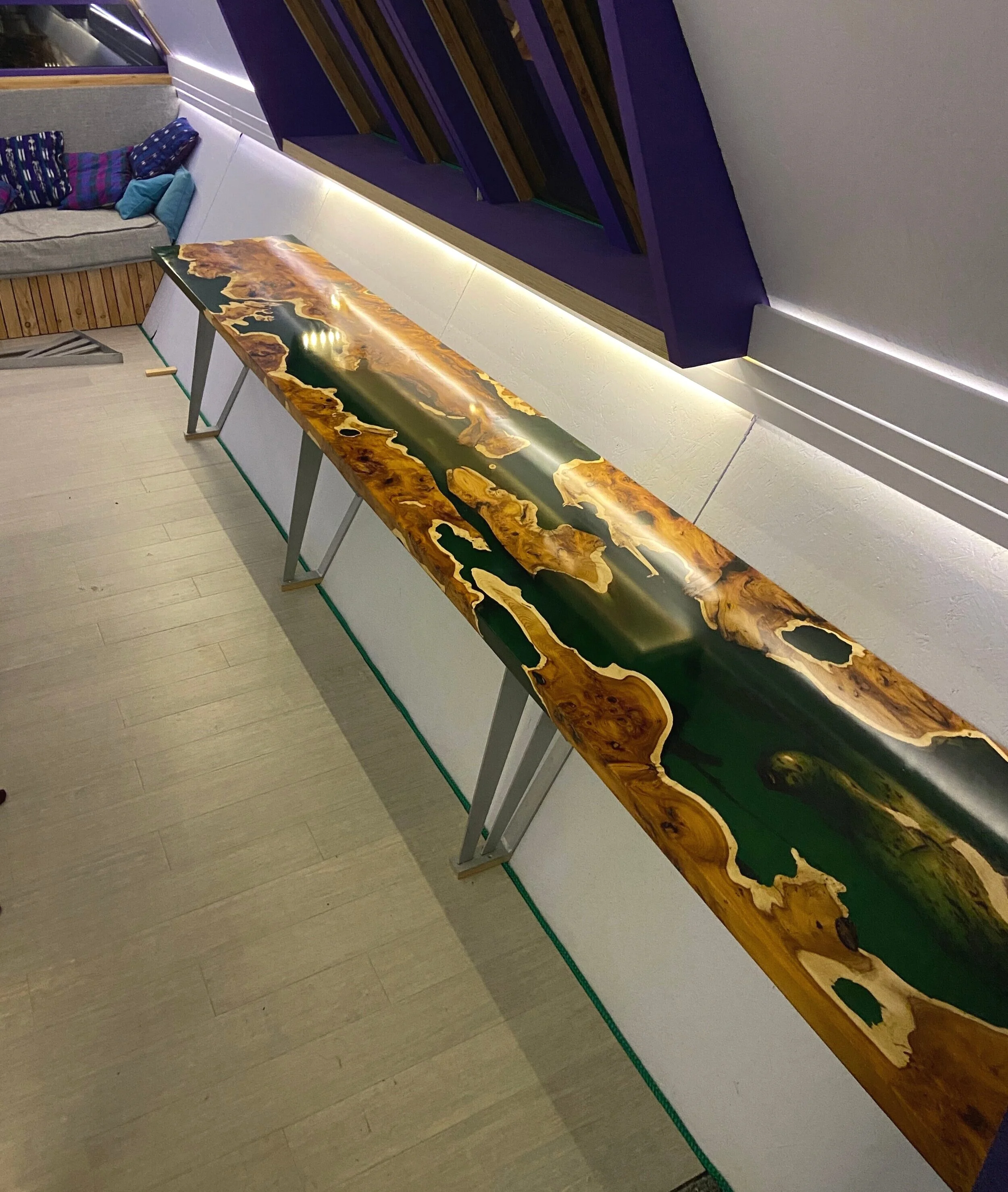 Yew And Emerald Green Garden Office Desk with led downlighting, steel support legs
