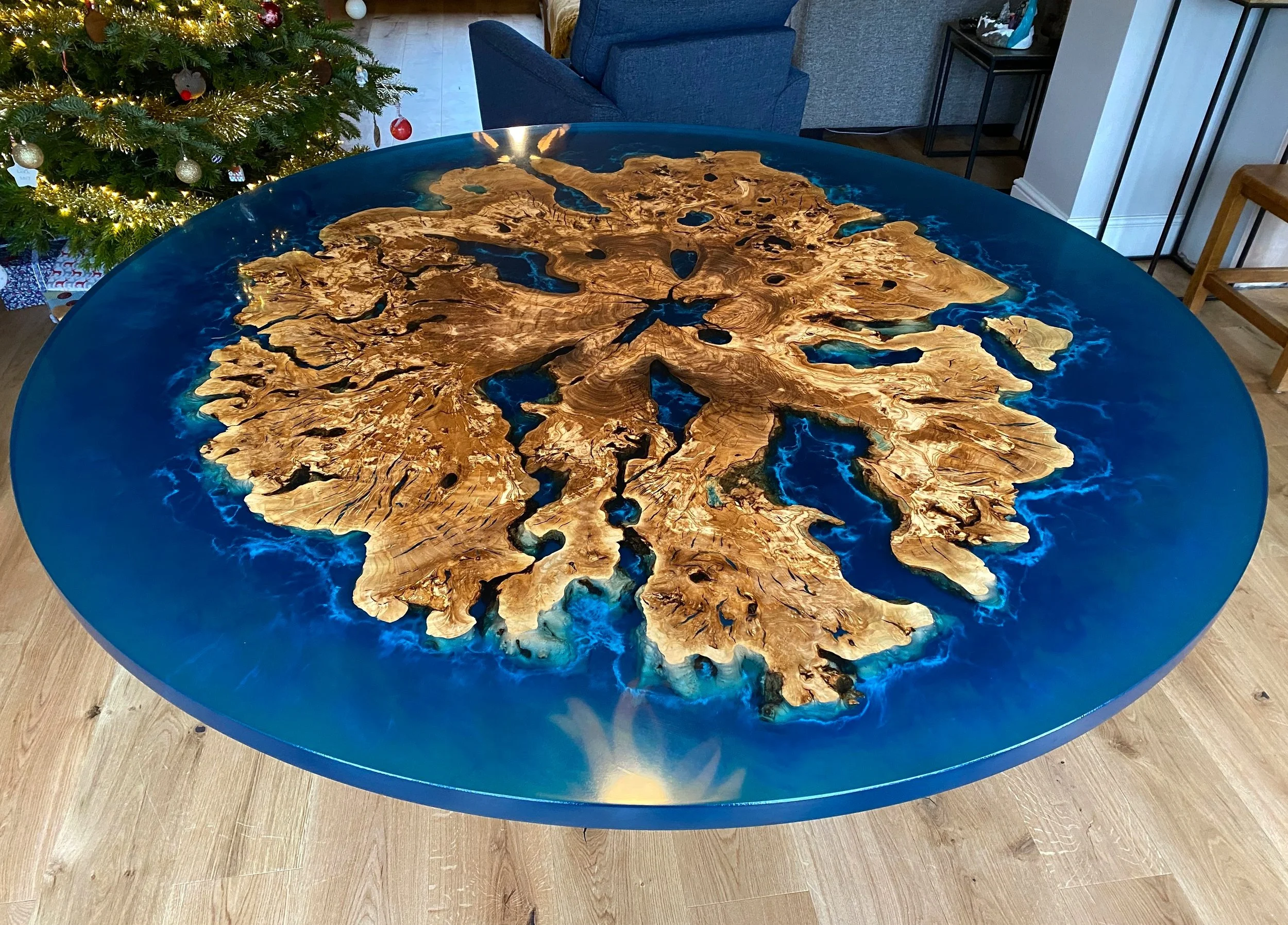 Olive Root Slice Dining Table with Olive Stump Base and Ocean Effect Surround