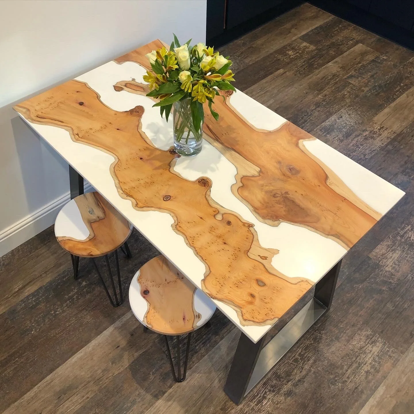 Opaque White Resin and English Yew Dining Table Set