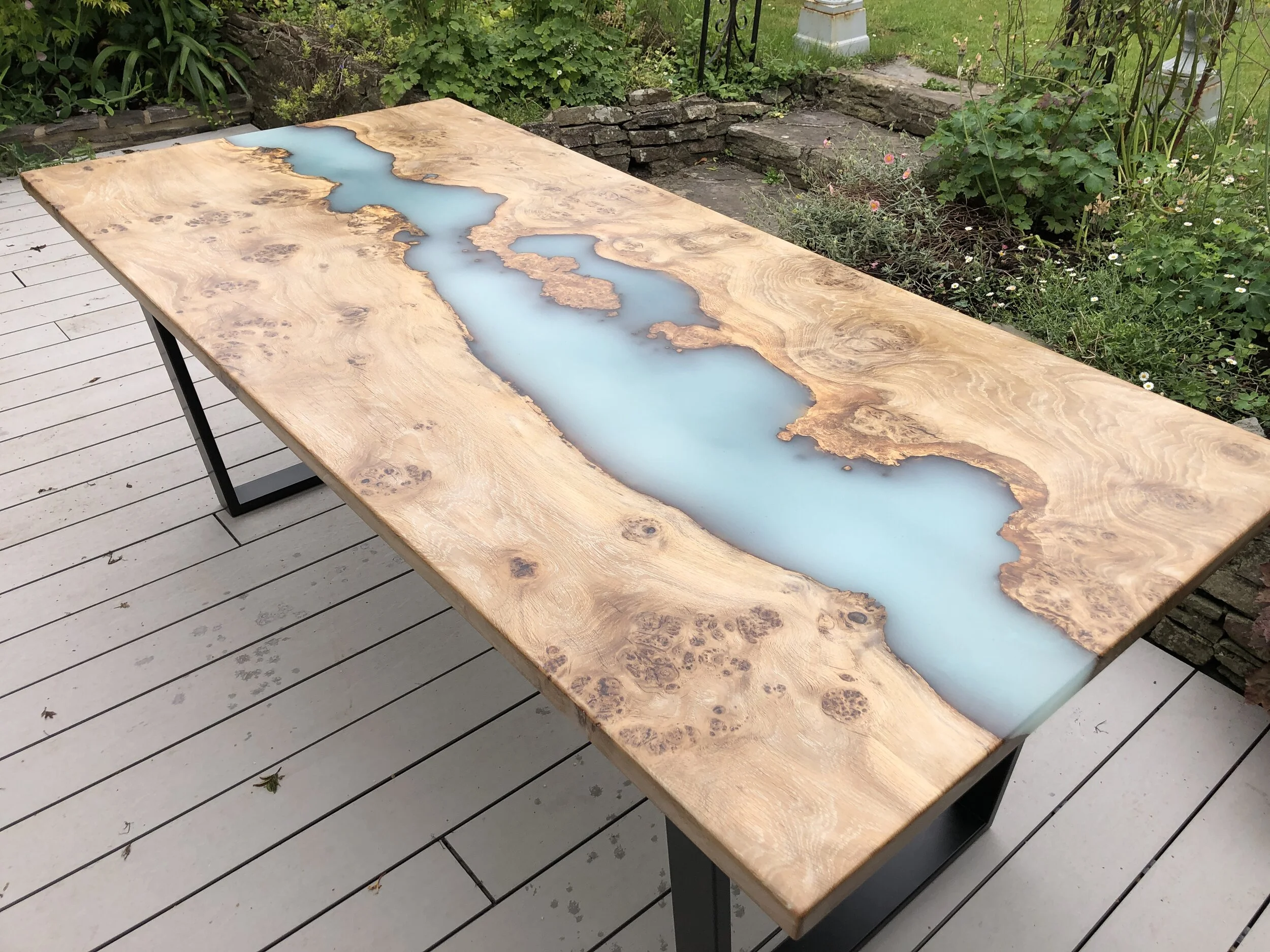 Outdoor Oak and Epoxy Resin River Dining Table