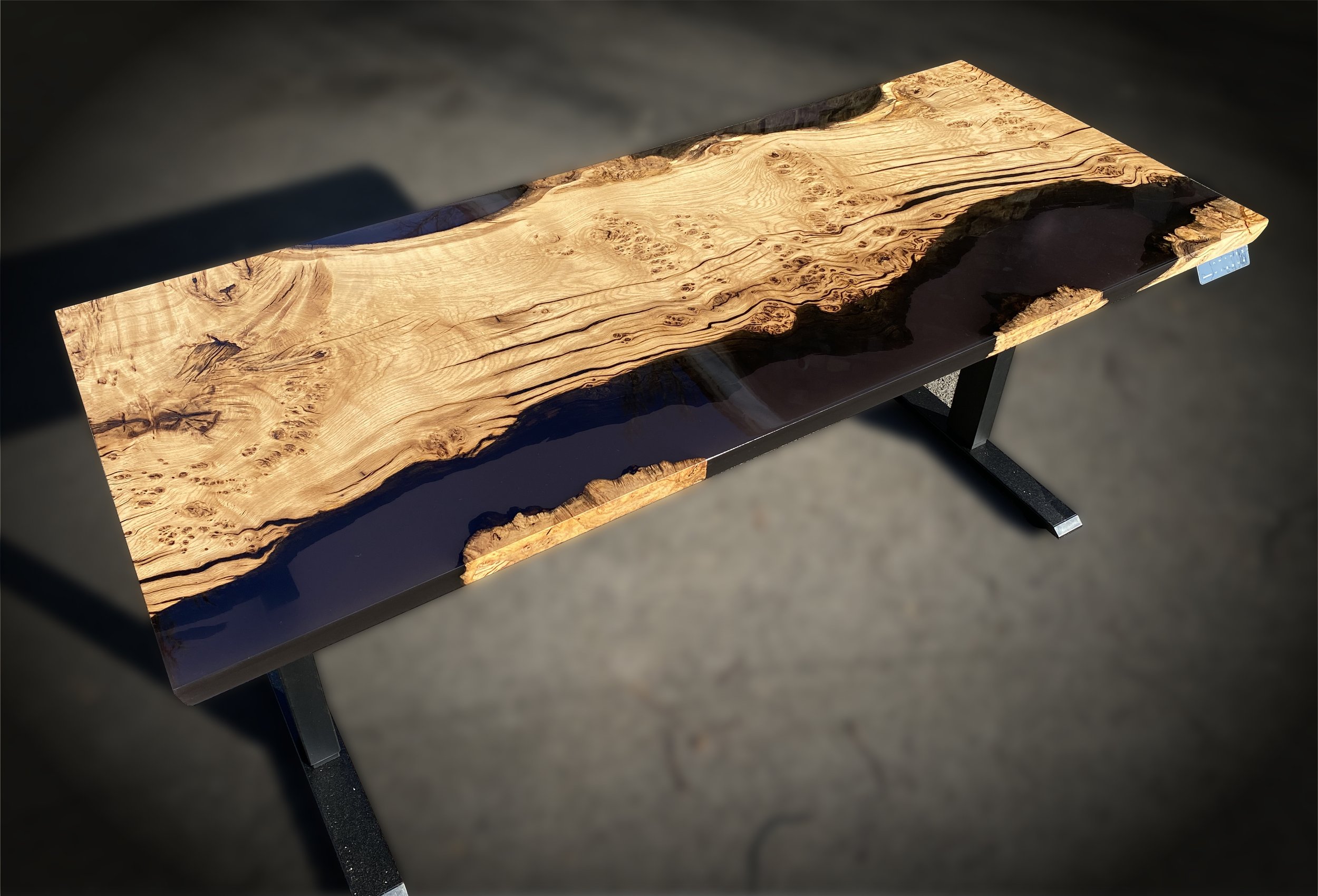 Oak and Black-Purple Tint Epoxy Resin Desk with Electric Sit Stand Mechanism