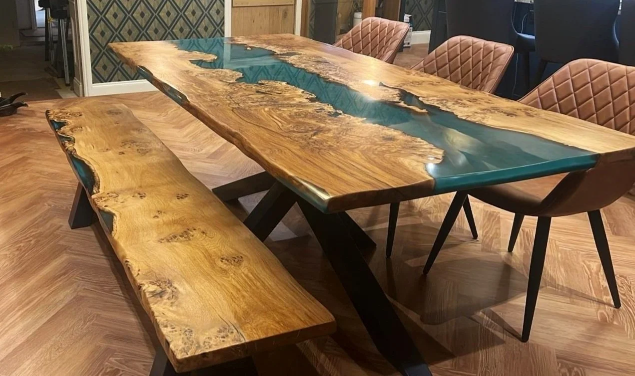 Teal Resin and Oak River Table and Bench