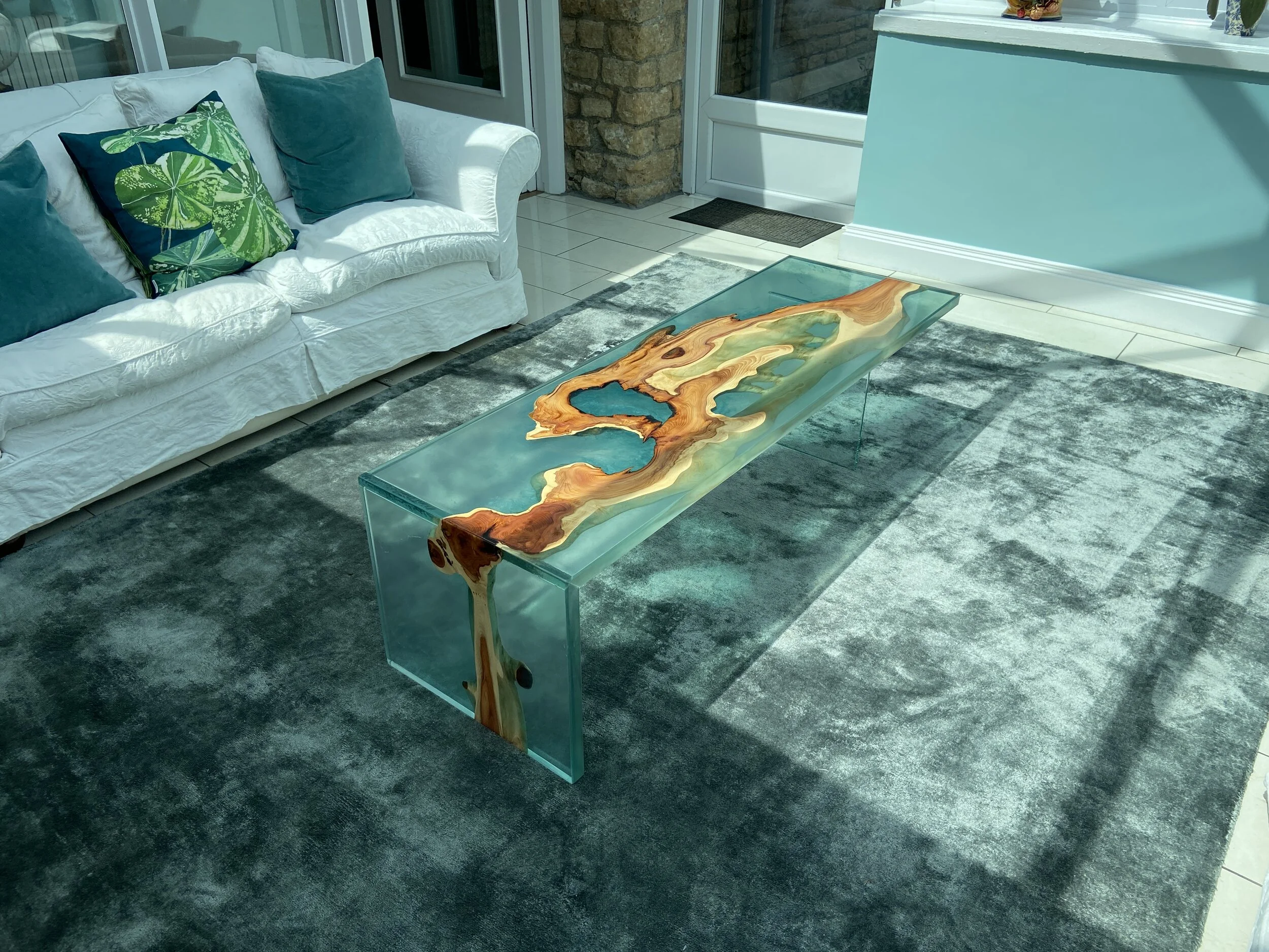 Turquoise River/Waterfall Leg and English Yew Coffee Table