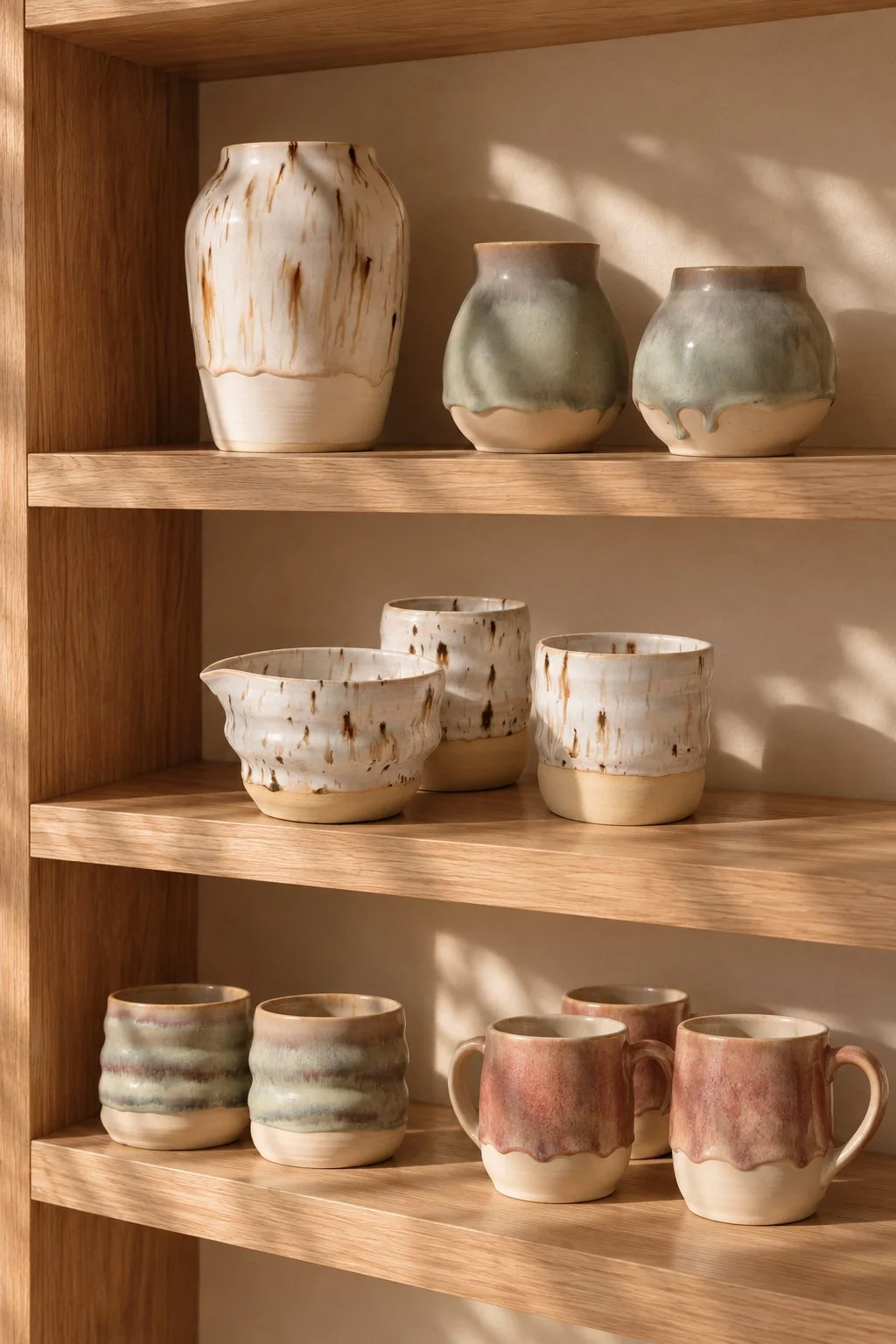 Handmade ceramic vases, bowls, and mugs on wooden shelves in warm sunlight.