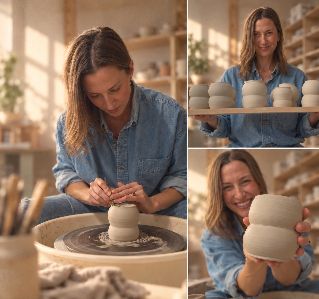 A woman in a denim shirt working on pottery at a wheel, inspecting and holding a freshly made ceramic vase in a pottery studio with shelves of pottery in the background.