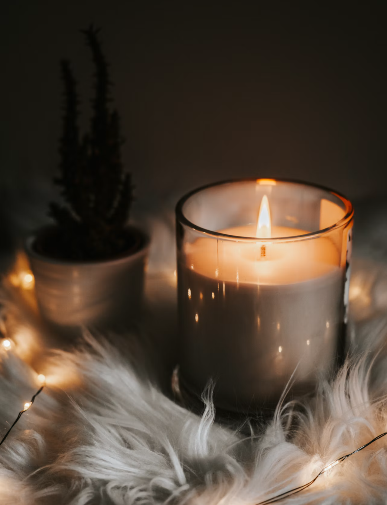A lit candle in a glass holder, a small potted cactus, and fairy lights on a fluffy white surface, creating a cozy, warm atmosphere.