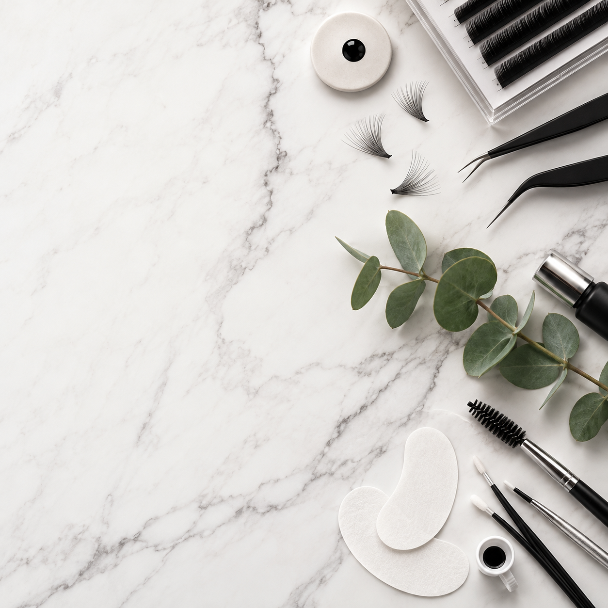False eyelashes, eyelash extension tools, eye patches, eyeliner, and green plant on white marble surface.