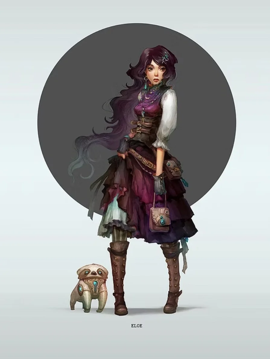 Digital illustration of a young woman with long, wavy dark hair, wearing a steampunk-inspired outfit with layered skirts, belts, and accessories, standing by a mechanical sloth.