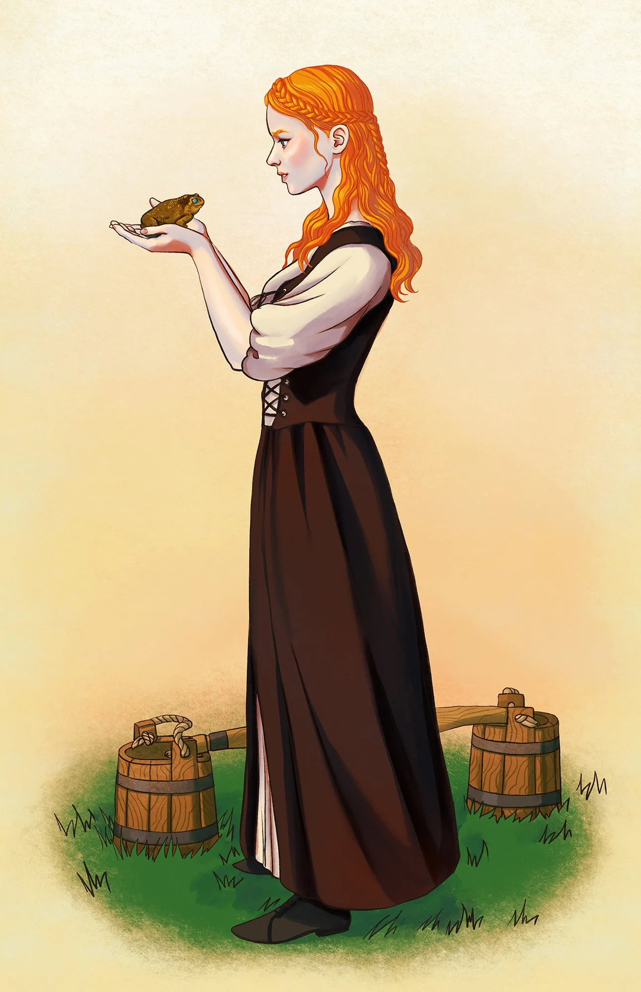 A woman with red hair dress as a scullery maid holds a toad with arresting cerulean eyes in her hands, staring at him with amusement.