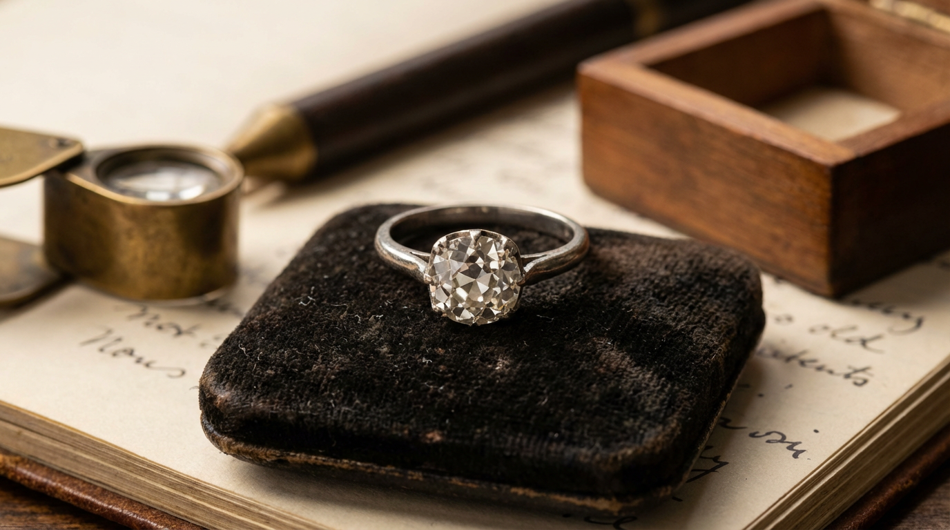 An engagement ring with a large oval diamond on a black velvet ring box, surrounded by books, a brass magnifying glass, a pen, and a wooden box on a handwritten letter.