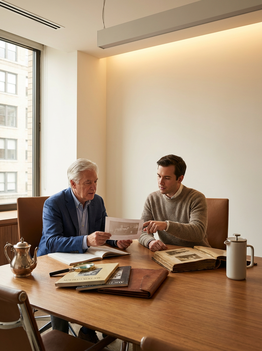 Two men sitting at a wooden table in a well-lit office, one older with gray hair in a blue blazer, and one younger with dark hair in a brown sweater, reviewing photographs and documents.