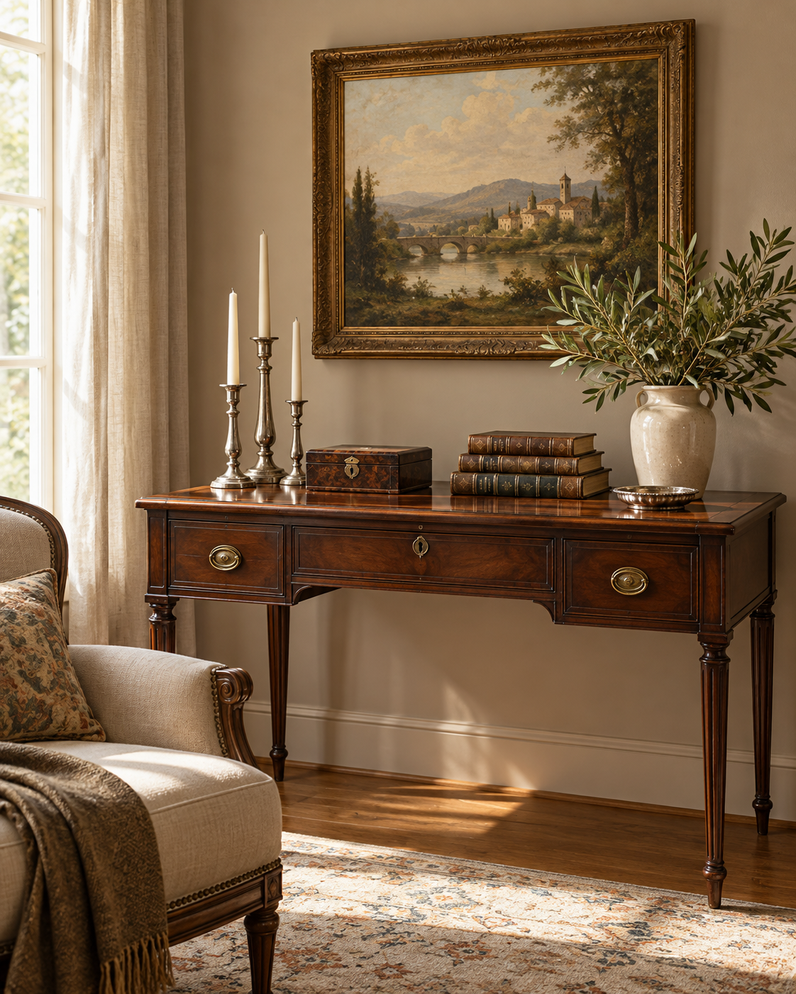 A vintage wooden sideboard with three drawers, decorated with tall silver candle holders, a decorative box, a stack of antique books, and a large vase with green foliage. Above the sideboard hangs a landscape painting of a river, bridge, and small village in a gilded frame, with a cream-colored wall and window with curtains to the left.