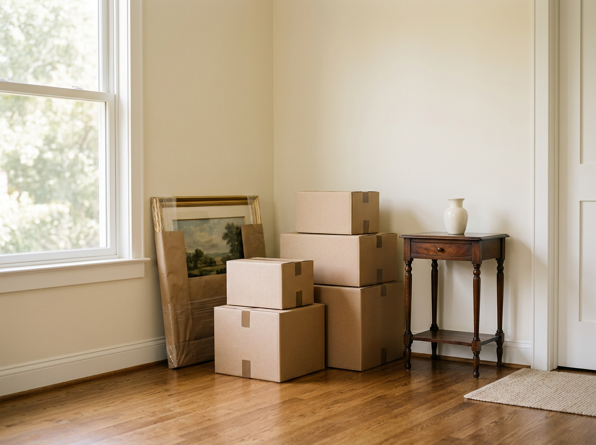 A corner of a room with beige walls and hardwood flooring, containing stacked cardboard boxes and a small wooden table with a white vase on top, a painting leaning against the wall, and a window with white trim.