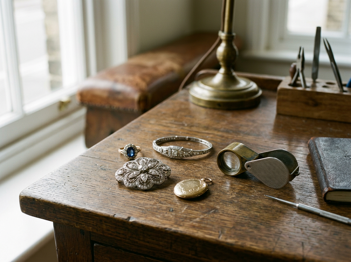 Vintage wooden desk with jewelry, a magnifying glass, a gold pocket watch, a leather-bound book, and a lamp in front of a window.